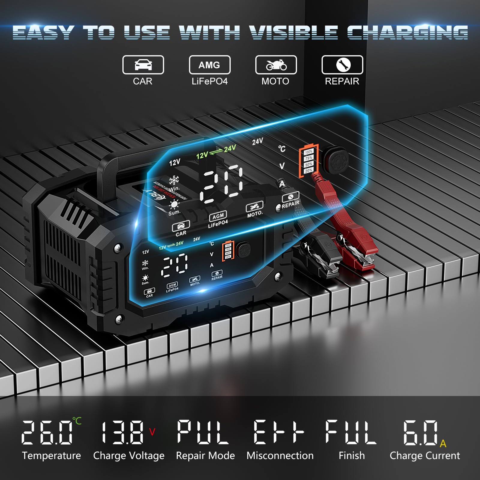 Ably Battery Charger 10-Amp - 12V And 24V Automotive Trickle Charger For Car Battery, Fully-Automatic Temperature Compensation,