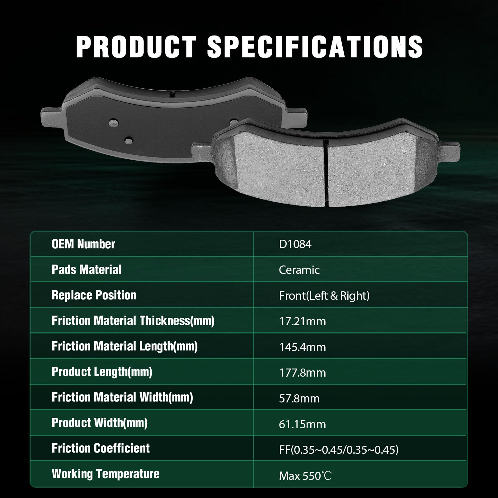 Automuto 4Pcs Front Ceramic Disc Brake Pads Set D1084 For Chrysler Aspen For Dodge Dakota Durango Ram 1500 For Jeep Wrangler For