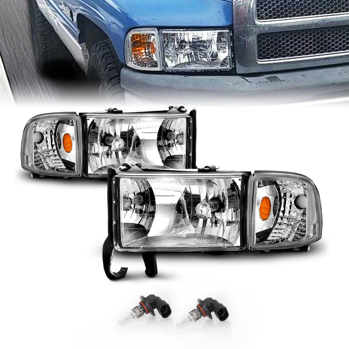 Amerilite 1994-2001 Chrome Replacement Headlights Assembly W/Corner Light Set For Dodge Ram Truck 1500 2500 3500 - Passenger And