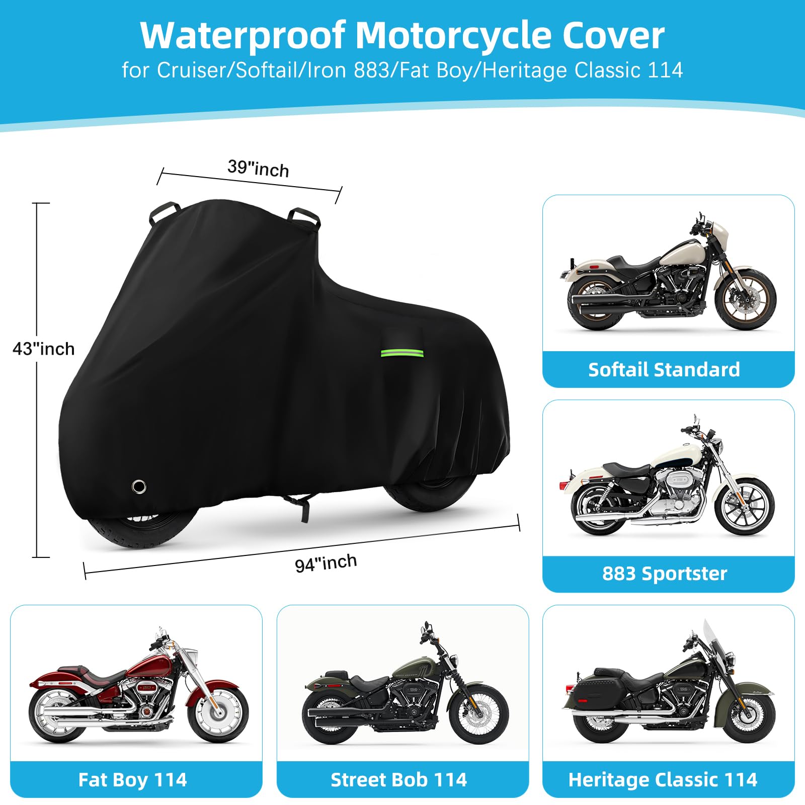 Motorcycle Cover Waterproof for Cruiser Models/Softail Standard/Iron 883/Heritage Classic 114/Fat Boy 114, All Weather Sun Rain