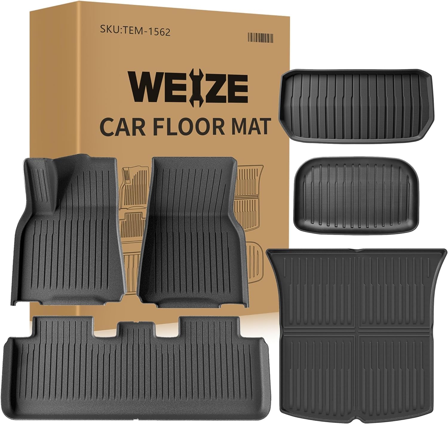 Weize Floor Mats & Cargo Liners For Tesla Model Y 5-Seat 2021-2023 2022 2024 All Weather Tpe Cargo Trunk Mats Accessories, Set O