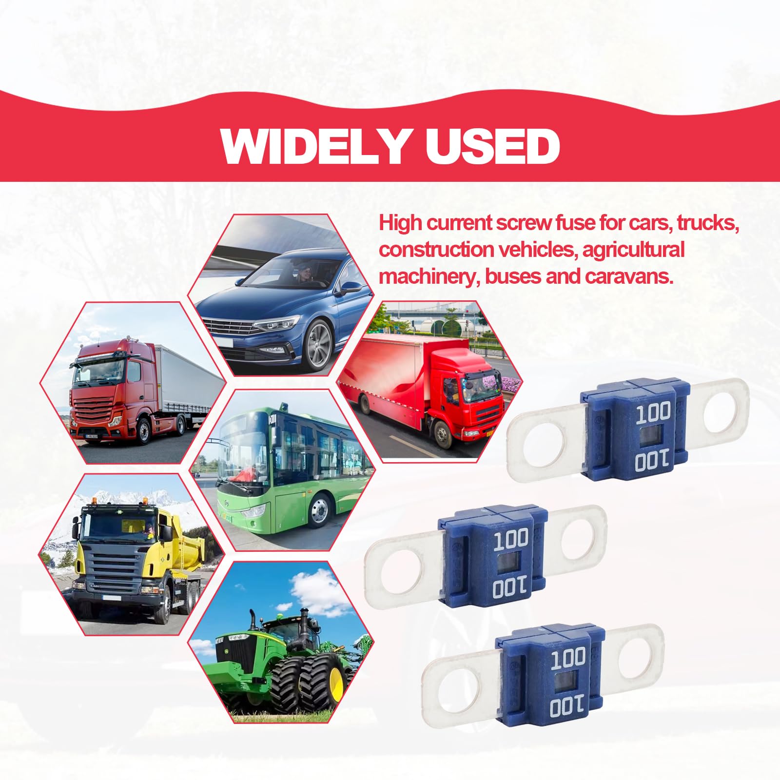 Pack of 3 AMI/Midi Fuse 100 Amp High Current Fuse Bolt-on Fuse, commonly Used in Cars, Trucks, Construction Vehicles, Agricultur