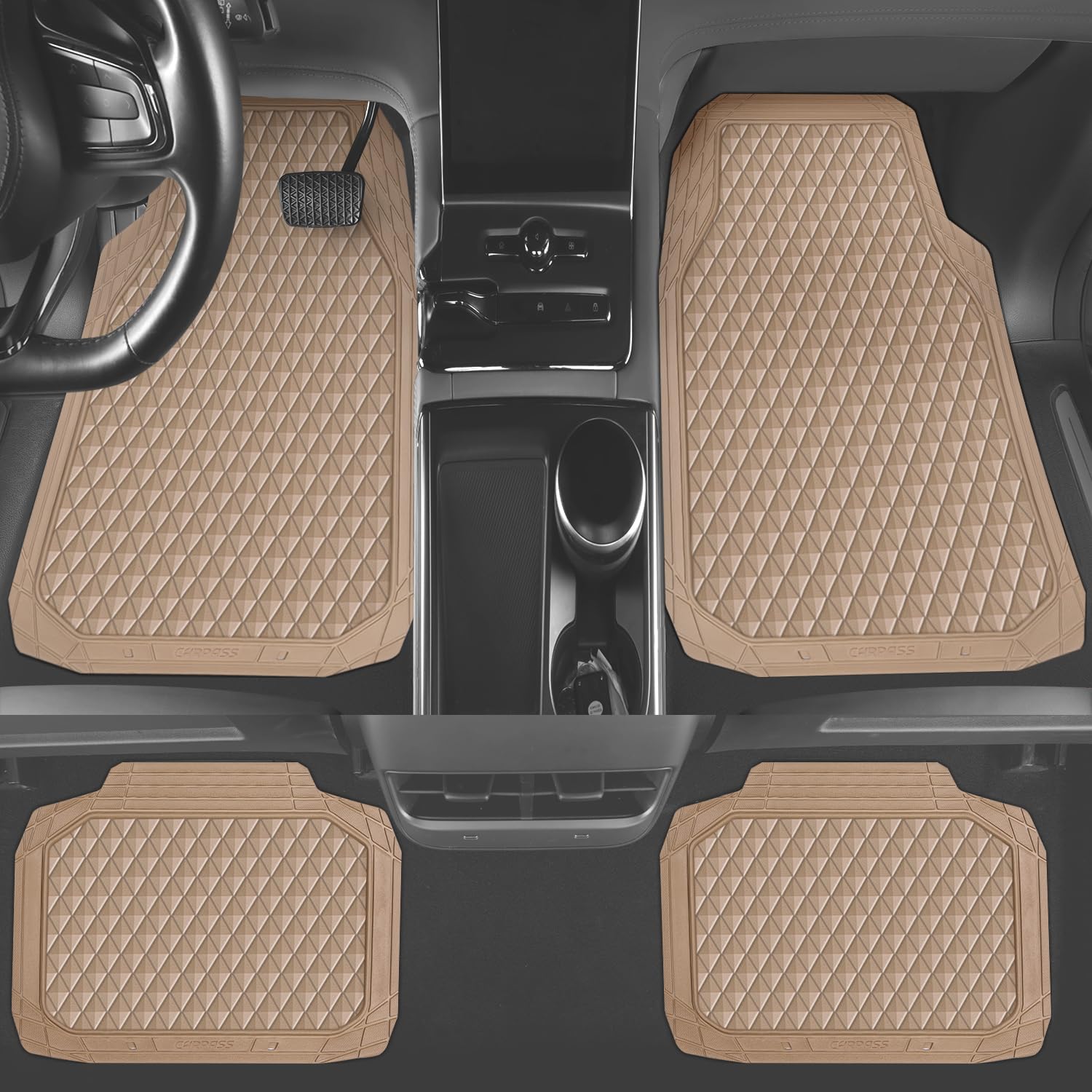 CAR PASS Beige Rubber Car Mats, All-Weather Floor Mats Full Set Durable Anti-Slip 3D Rhombus Waterproof Automotive Pad Trim to F