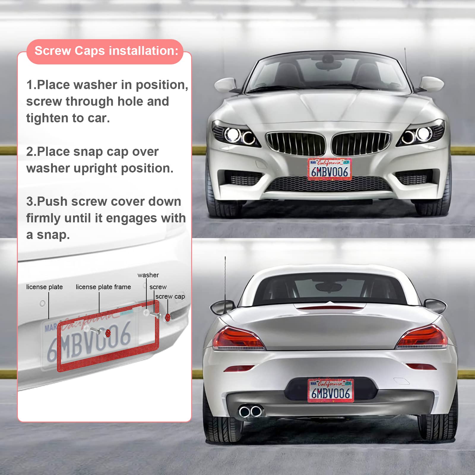 Quanqiufei 2 Pack Bling License Plate Frames For Women, Sparkly Rhinestone Diamond Car Accessories With Glitter Crystal Caps (Re