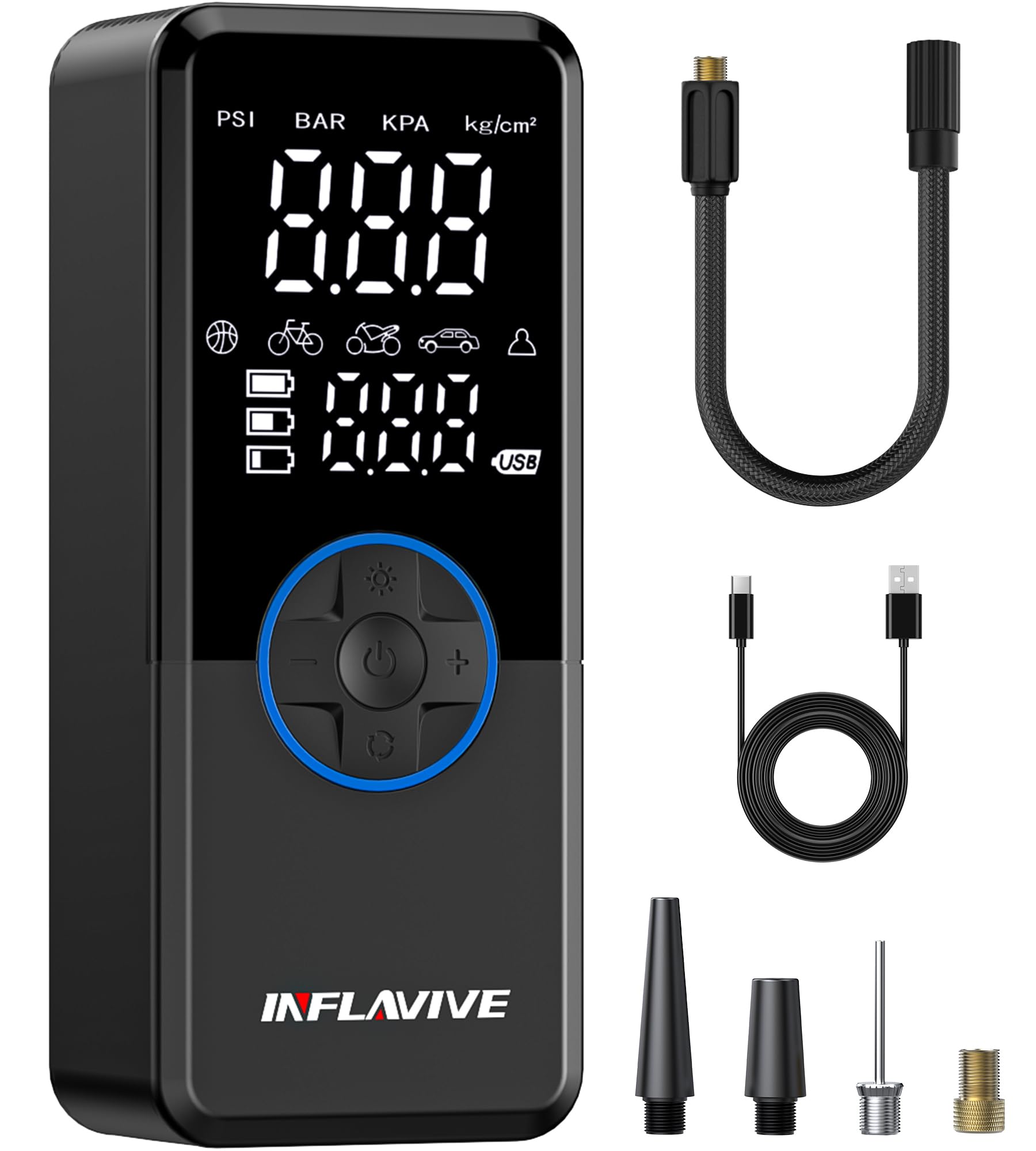 Tire Inflator Portable Air Compressor, Cordless Air Pump For Car Tires With Pressure Gauge, Battery & 12V Dc Dual Power Bike Tir