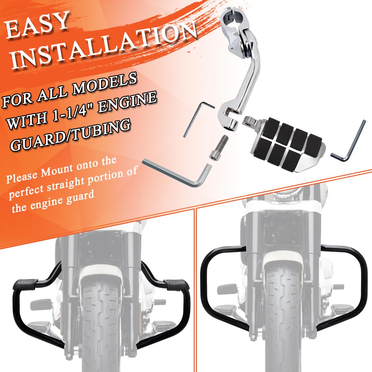 Fovplue 1.25' Highway Footpegs,Long Angled Adjustable Highway Pegs W/Mounts For Harley Touring Street Glide Electra Glide Road King Softail Cvo Dyna Trike Vrsc Sportster W/1-1/4' Engine Guard,Chrome#2