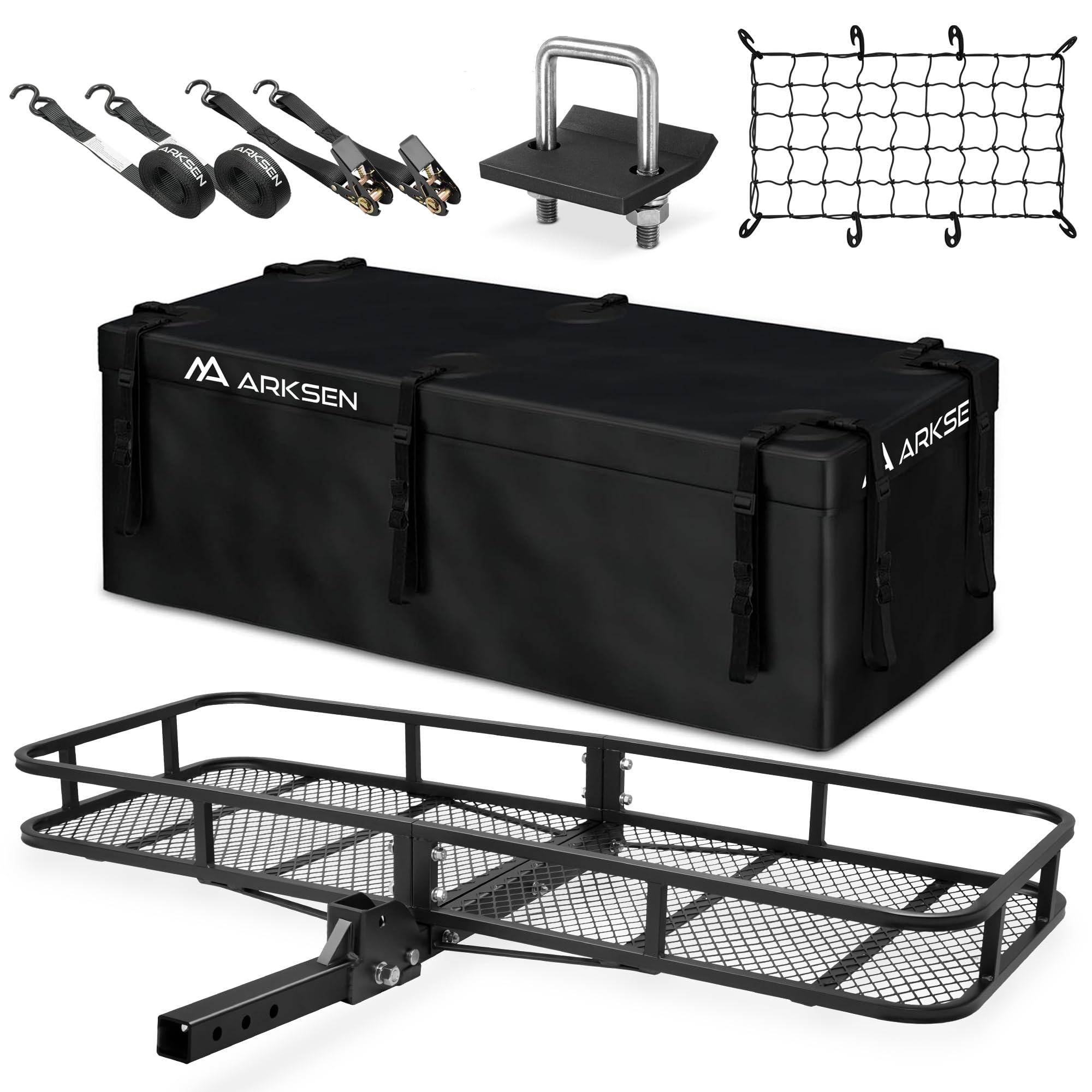 Arksen 60 X 23 X 5.5 Inch Folding Hitch Cargo Carrier With Cargo Bag & Net, 2 Ratchet Straps, Hitch Stabilizer, 500 Lbs Capacity