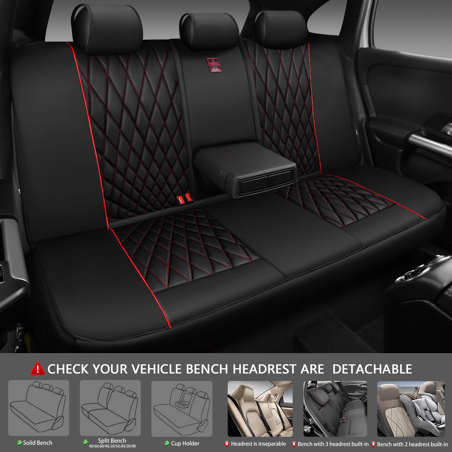 Car Pass Piping Luxury Leather Seat Covers Full Set,5 Seats Anti-Slip Waterproof Seat Covers Compatible With Front Armrests,Univ