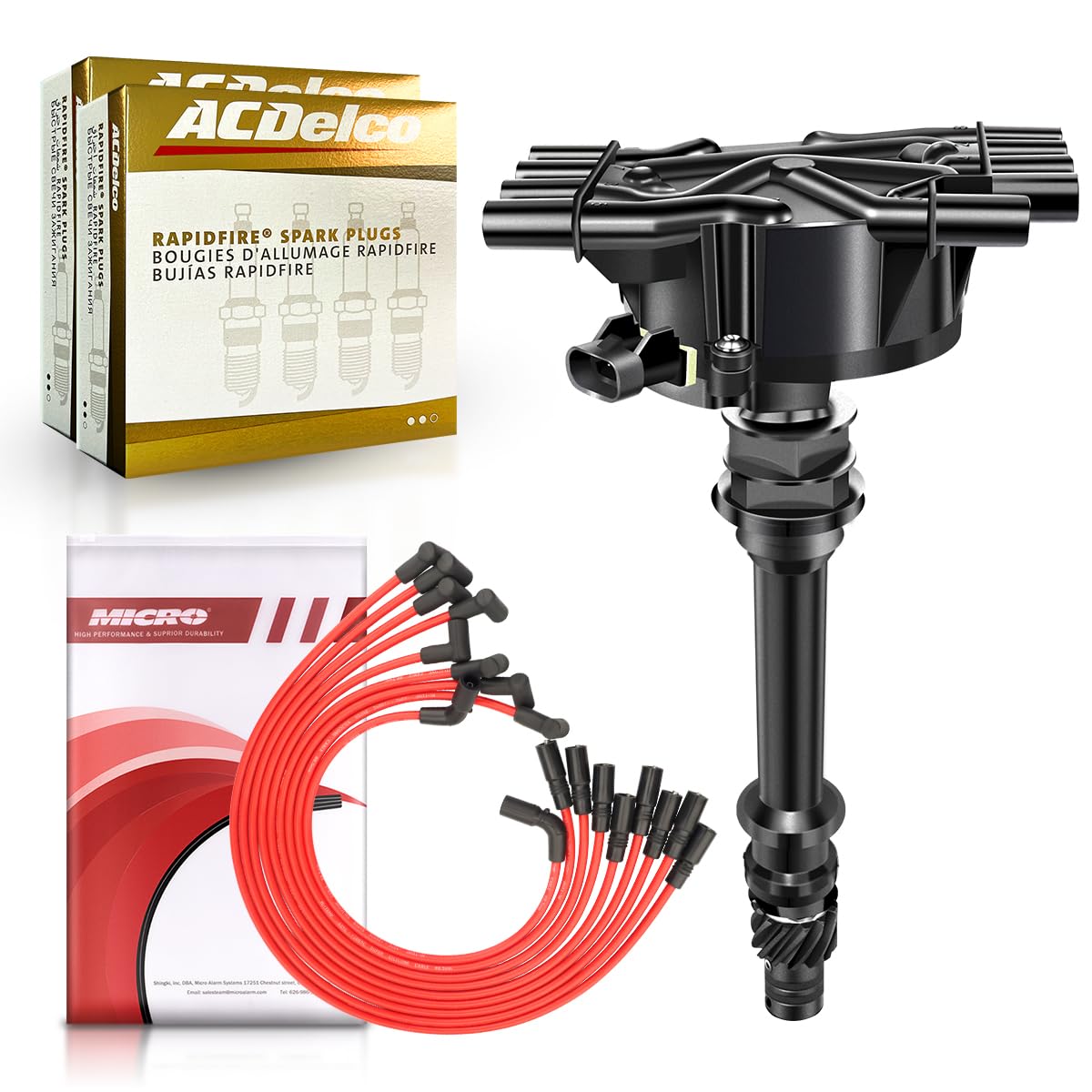 MAS Ignition Distributor & 8pcs ACDelco Platinum Spark Plugs & Wires Set Compatible with GMC Yukon Cadillac Escalade Chevrolet C