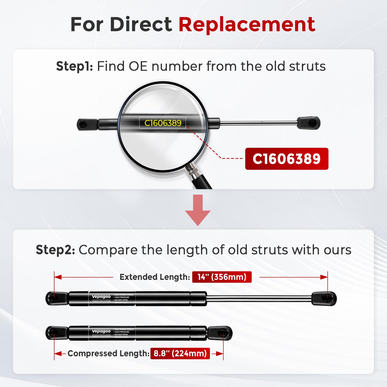 C16-06389 14 Inch 24Lbs/108N Gas Shocks Struts Lift Support For Leer Camper Shell Truck Topper Rear Window, Pickup Toolbox Lid Door, Set Of 2 Vepagoo.