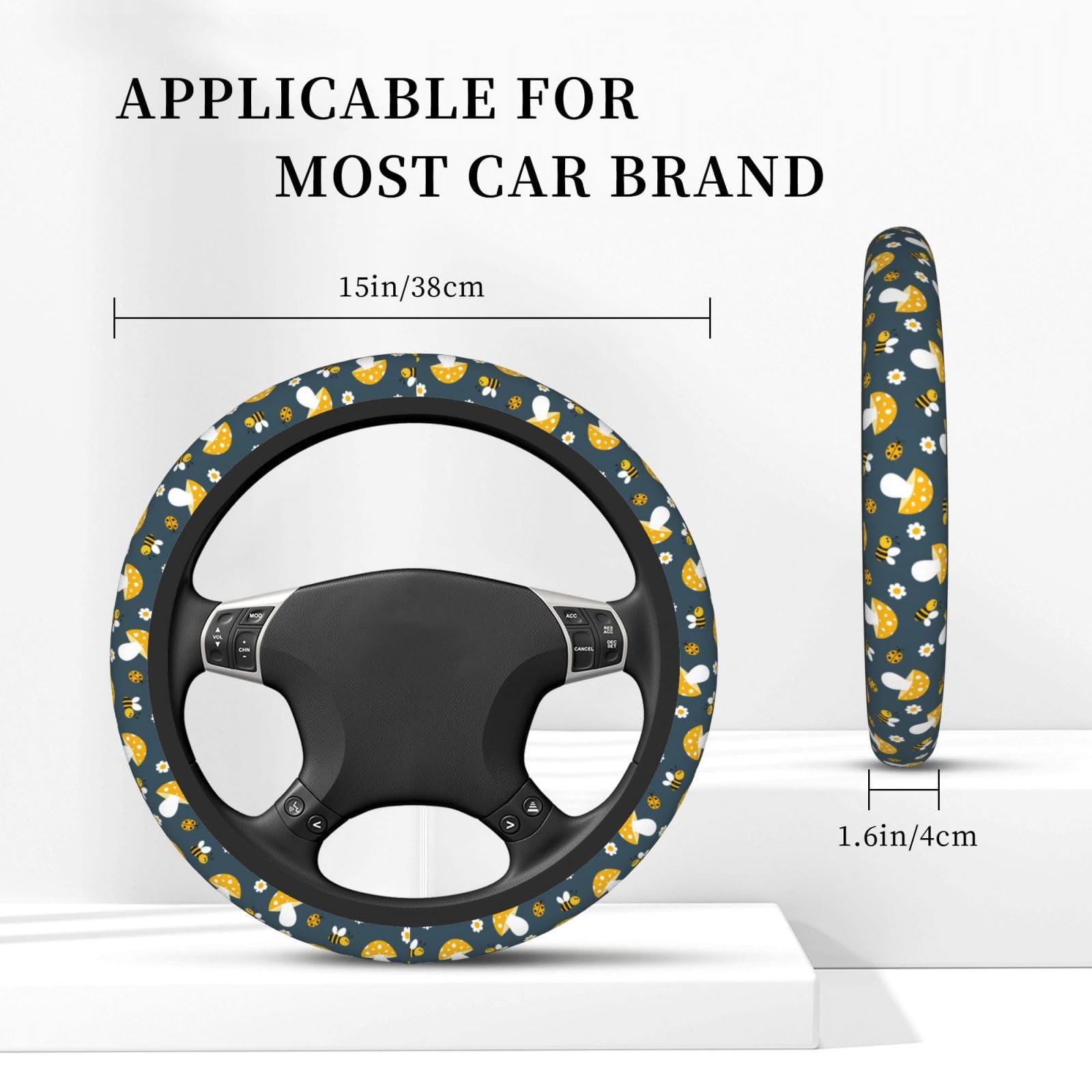 Cute Bee Mushroom Steering Wheel Cover for Women Men Girls Car Accessories Decor Anti-Slip Neoprene Auto Steering Wheel Covers P