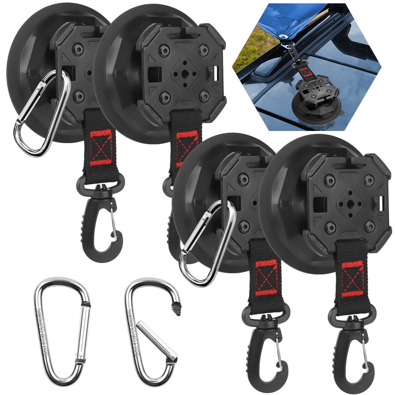 4PCS Upgrade Heavy Duty Rotating Vacuum Suction Cups Anchor Hooks With 4PCS Buckles ,Large Hook Suction Cup Hangers,Strong Sucti