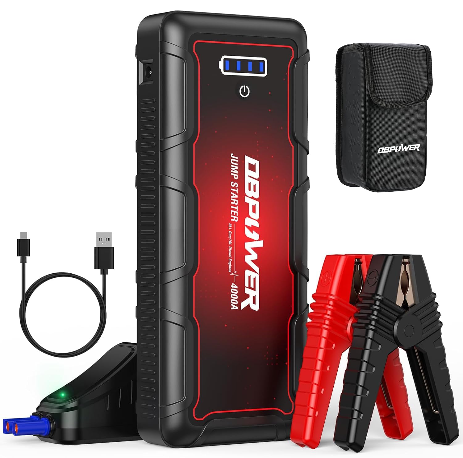 Dbpower Jump Starter 4000A Peak 88.8Wh Portable Car Jump Starter (Up To All Gas/10L Diesel Engine) 12V Auto Battery Booster Pack With Smart Clamp Cables, Quick Charger, Led Light Jump Box