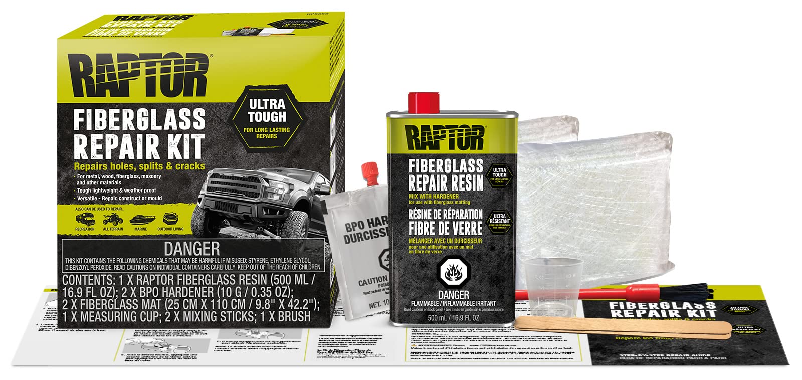 Raptor Fiberglass Repair Kit, All-In-One Automotive & Home Set, Long-Lasting, Durable & Easy To Use