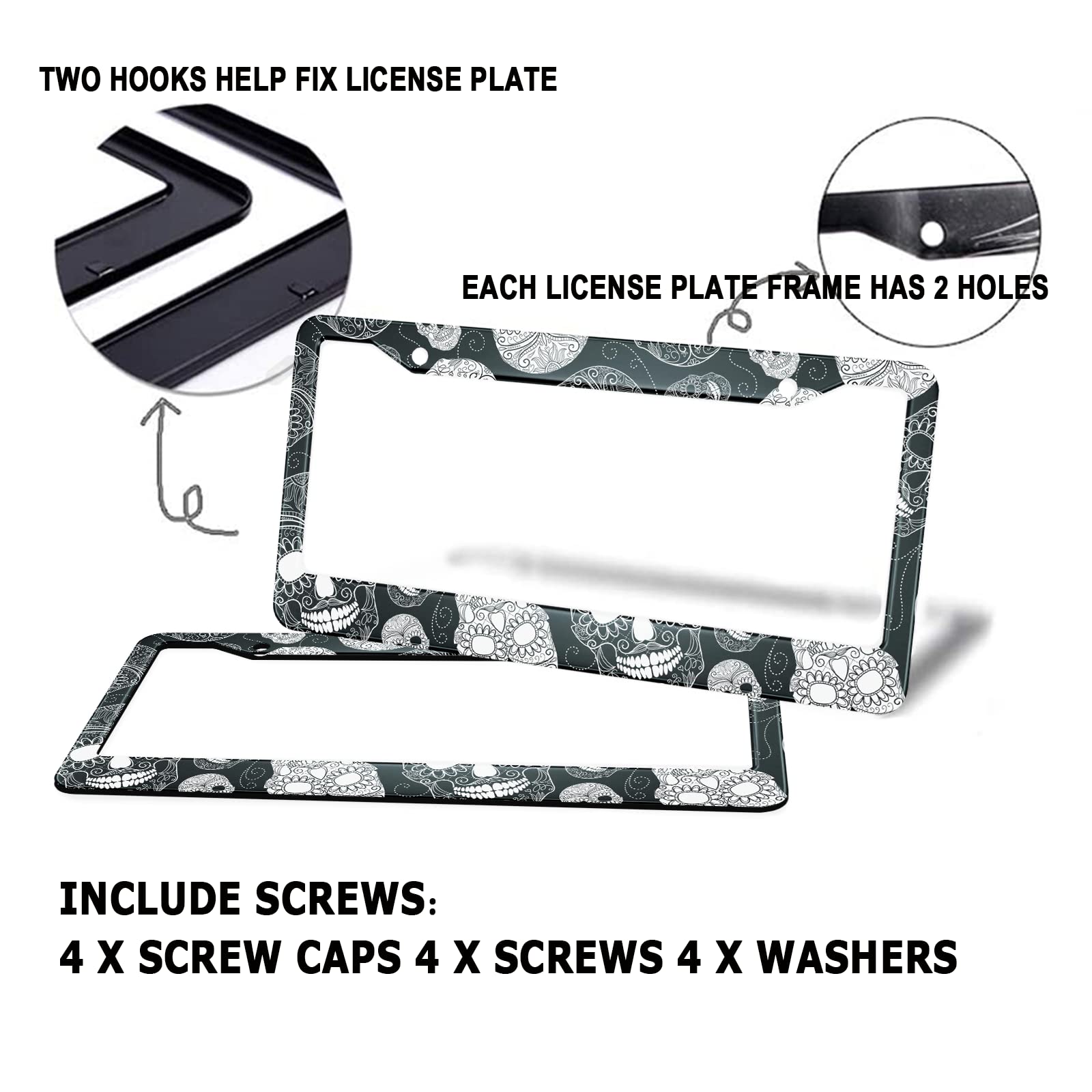 Hosnye Black And White Sugar Skull License Plate Frame Black 2 Pcs Day Of The Dead Cartoon Indian Style Metal Cute Licenses Plates Frames Licenses Plate Covers Car Tag Frame For Women Men Us Vehicles