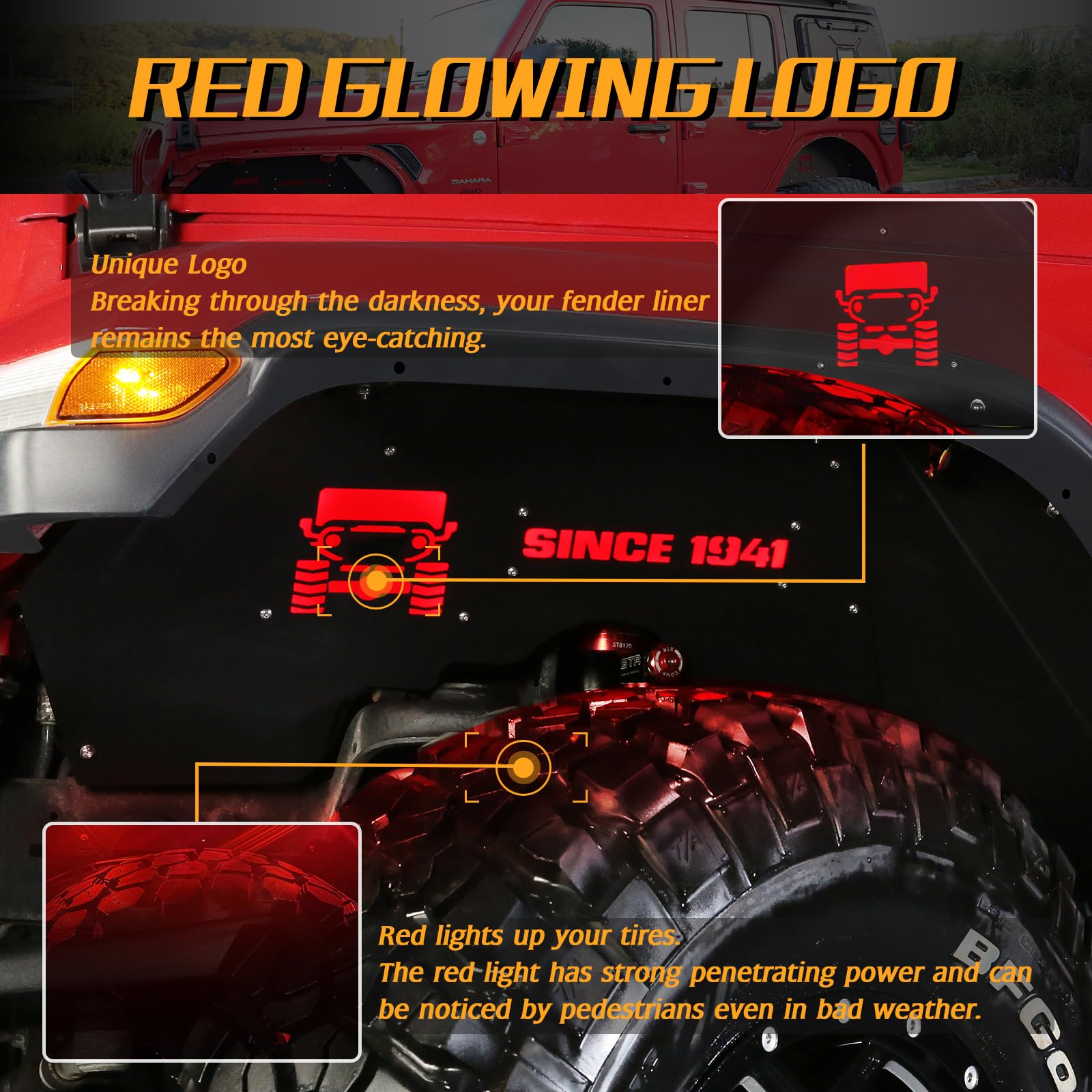 Jroad Inner Fender Front Fender Liners Compatible With Jeep Wrangler Jl Aluminum,With 4 Led Lights For 2018-2022 Jeep Wrangler J