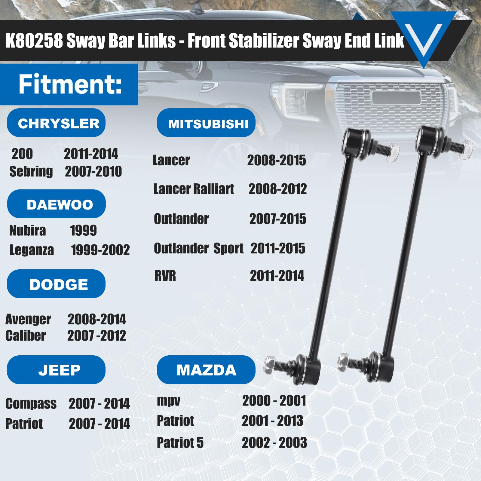 K80258 Sway Bar Links - Front Stabilizer Bar End Links For Chrysler 200 Sebring Daewoo Leganza Nubira Avenger Caliber Jeep Compa