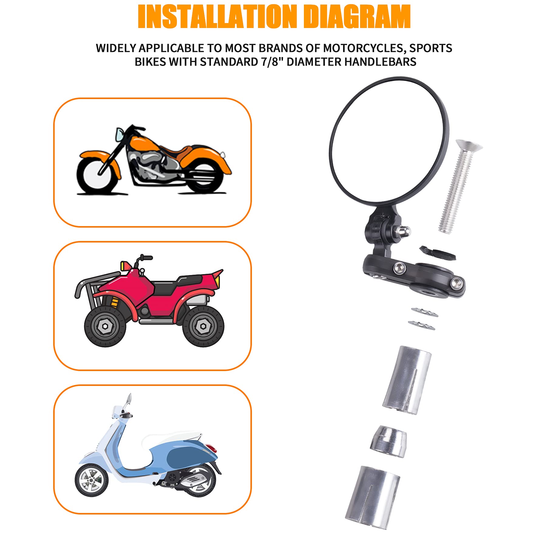 Oraevy Universal Motorcycle Mirrors - 3 Inch Round 7/8'' Bar Folding Bar End Side Mirror Compatible With Ebike Honda Scooter Suz