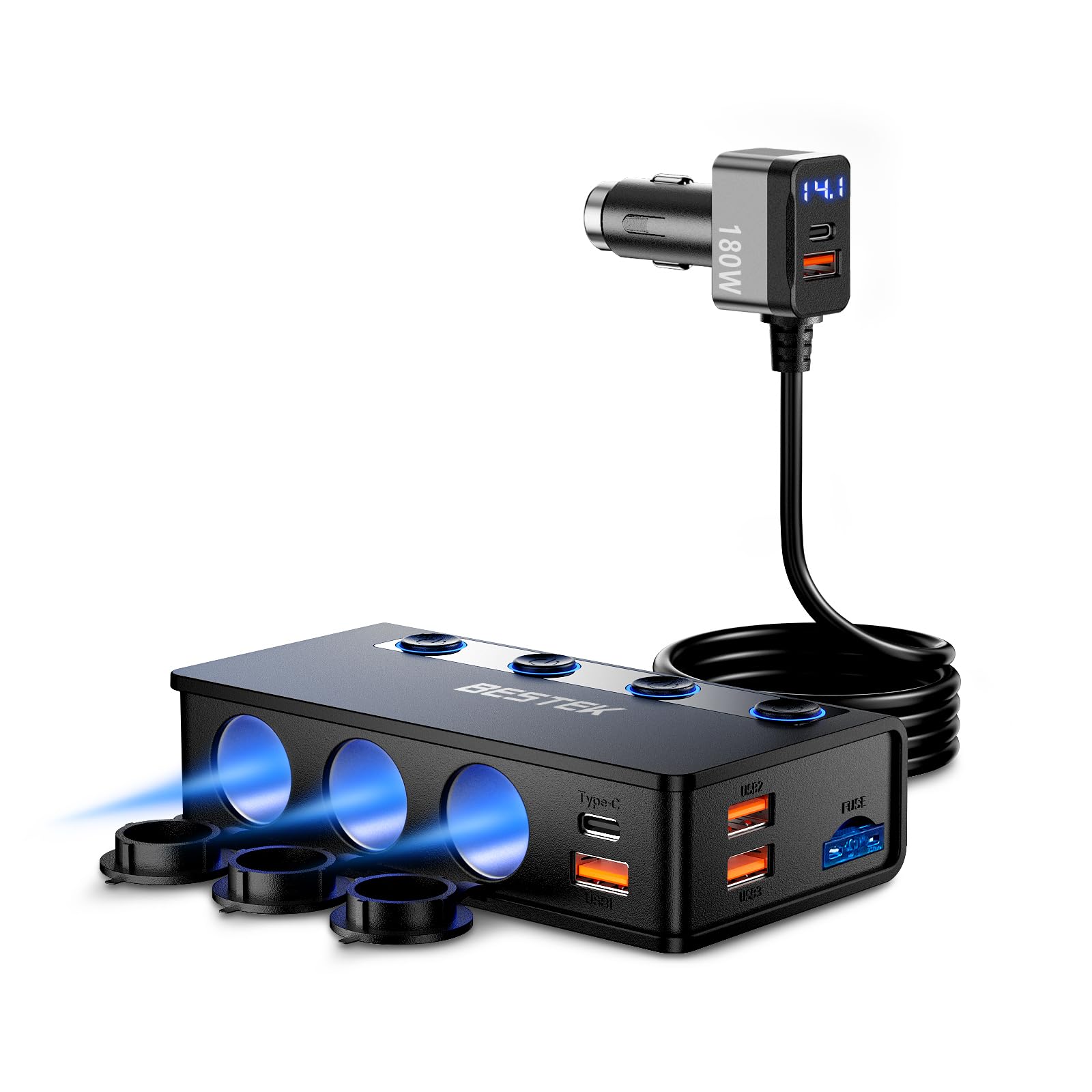 Bestek 180W Cigarette Lighter Splitter, 3-Socket Cigarette Lighter Adapter With Pd36W/65W And Qc3.0 18W*4 Charging Ports, Led Voltage Display Super Fast Charger Adapter For 12V/24V Vehicles