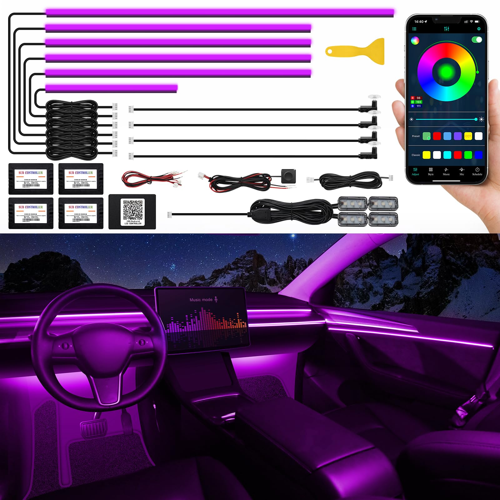 Acrylic Interior Car Led Strip Light With Wireless App, Rgb 14 In 1 With 175 Inches 593 Leds Fiber Optic Ambient Lighting Kits,