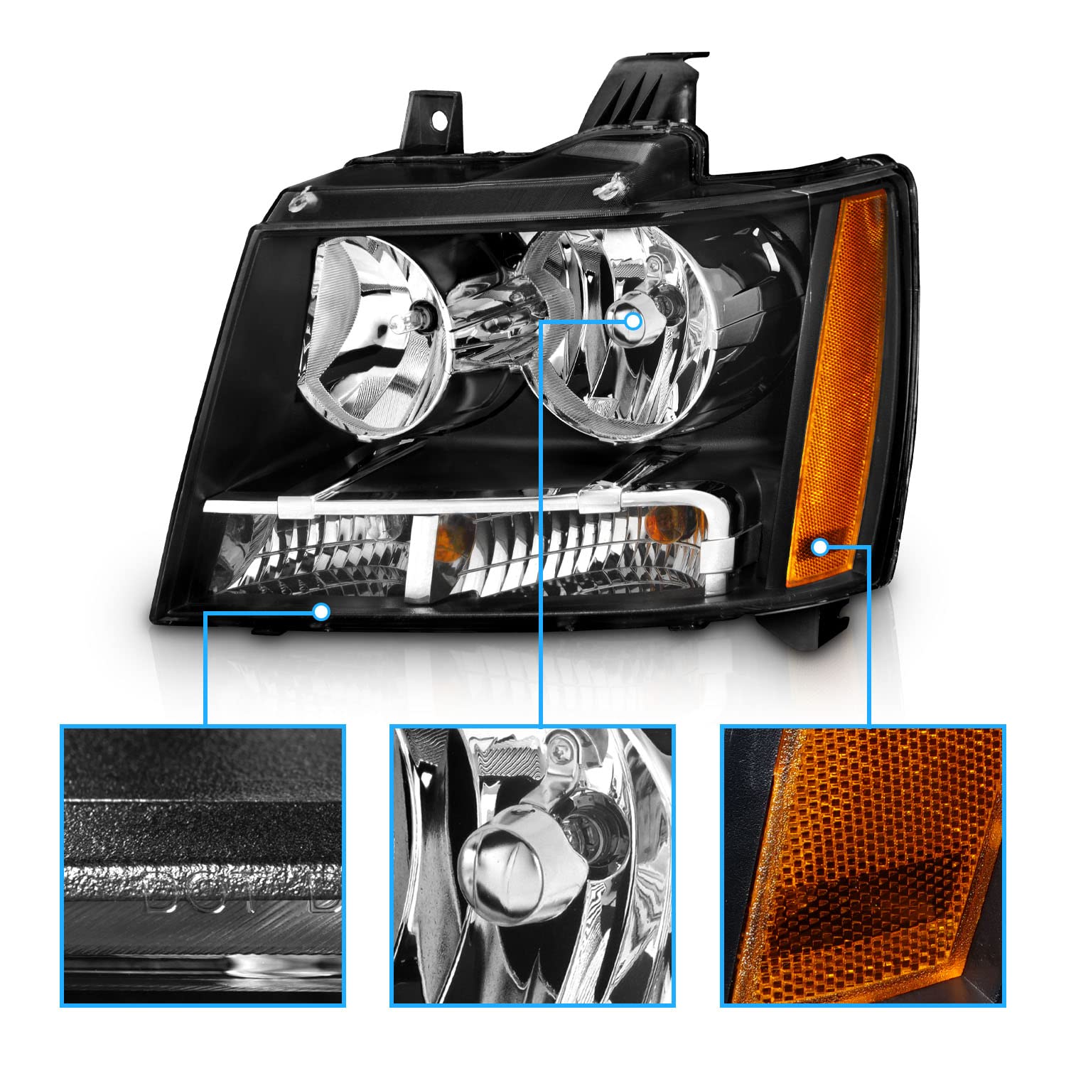 Amerilite Halogen Car Headlight Pair With Bulbs And Harness Replacement For Chevy Tahoe Suburban Avalanche - Driver And Passenger Side, Vehicle Light Assembly, Black Housing