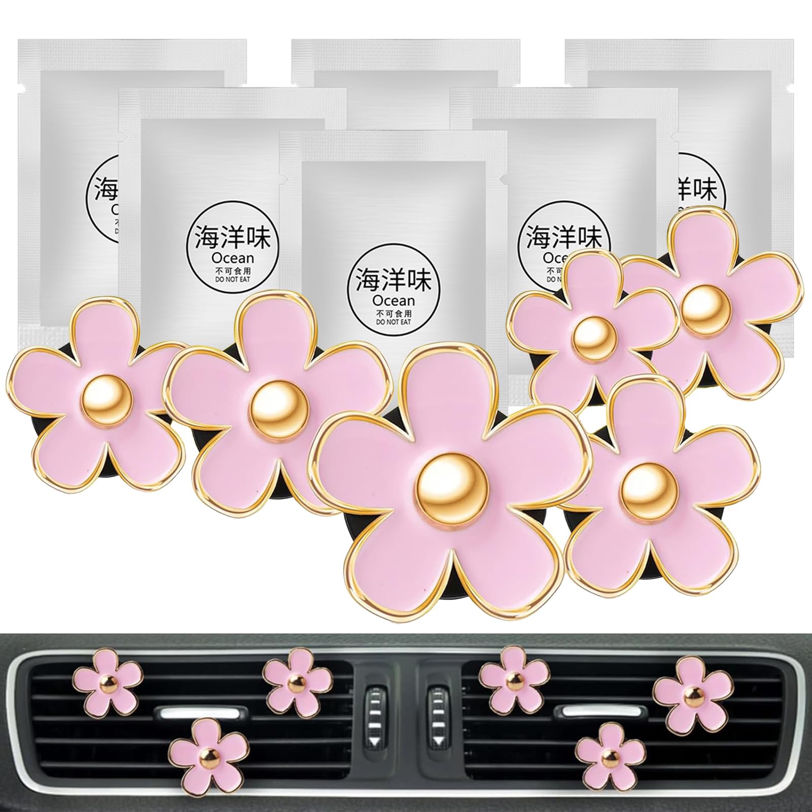 Cute Pink Car Accessories For Women Teens Girls 6Pcs Boho Flowers Cars Air Fresheners Vent Clips Girly Automotive Truck Smell Fr