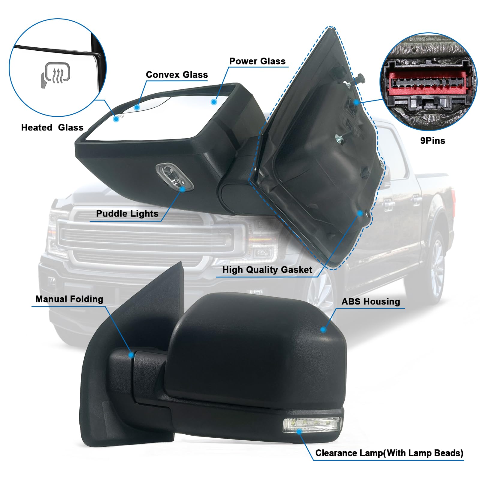 Lqito Left Driver Door Mirror Fits 2015-2021 F150 With Heated,Turn Signal, Power Glass, Puddle lights And Clearance Lamp Replace