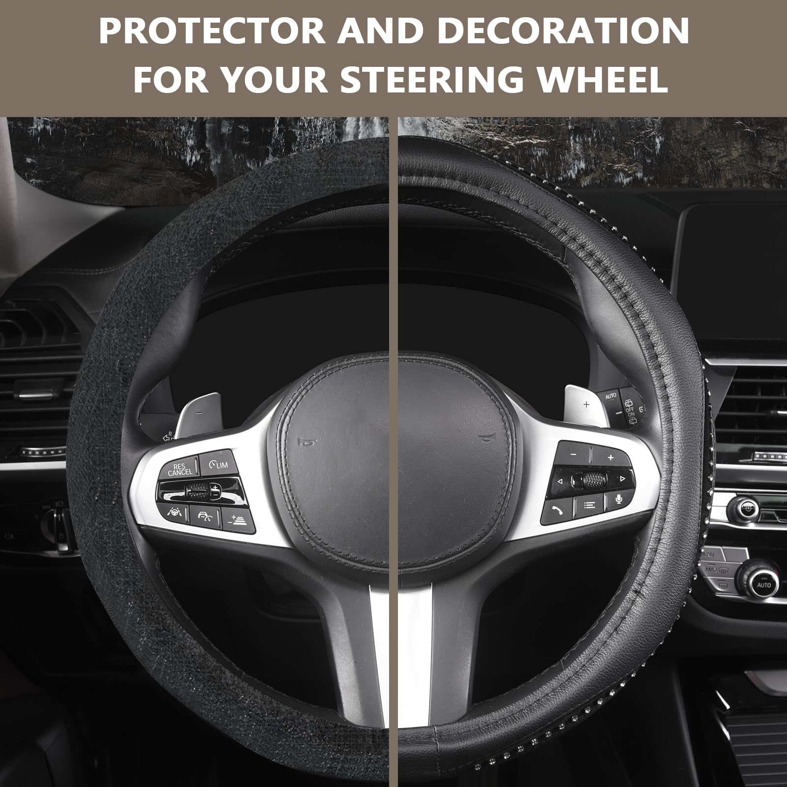 Autoyouth Steering Wheel Cover, Crystal Studded Rhinestone Bling Styling For Car, Suv, Truck Heavy Duty, Anti-Slip, Excellent Grip Standard Size 15 Inch…