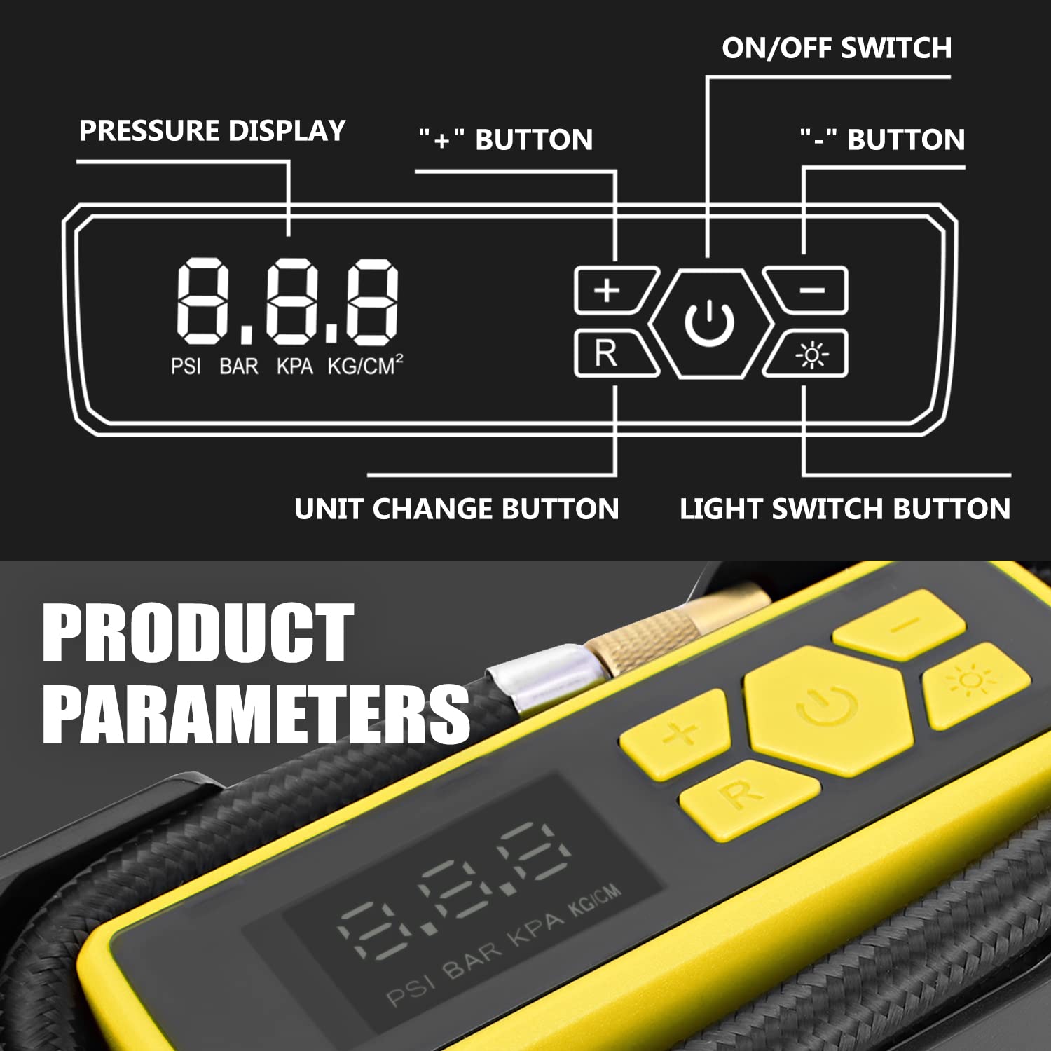 Dna Motoring Tools-00211 Yellow 12V Dc Digital Tire Inflator Portable Air Compressor With Pressure Gauge For Cars, Bicycles, Mot