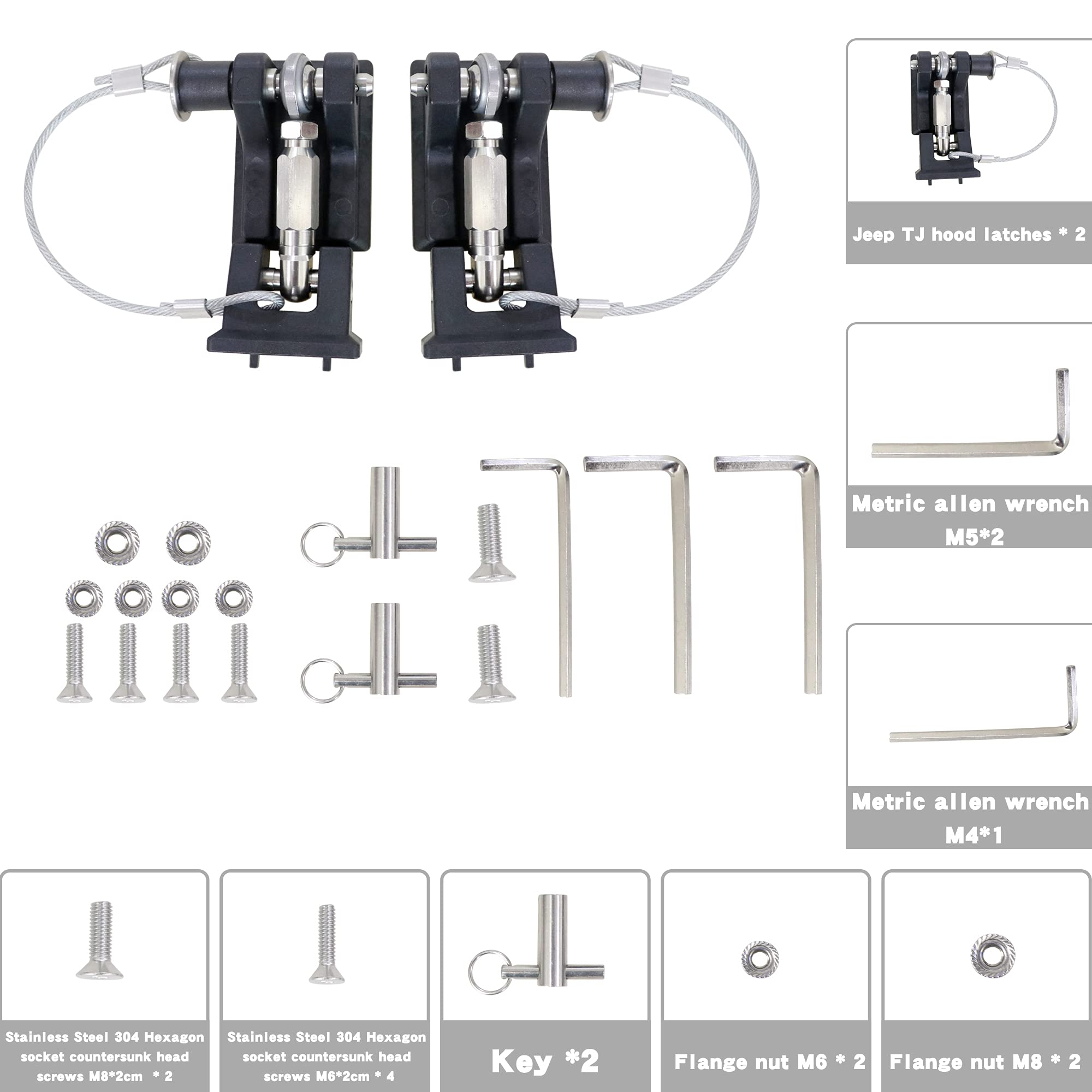 Sukemichi Tj Hood Latches For Jeep Wrangler, Locking Hood Latch For 1997-2006 Jeep Wrangler Upgrade, Eliminate Hood Flutter Boun