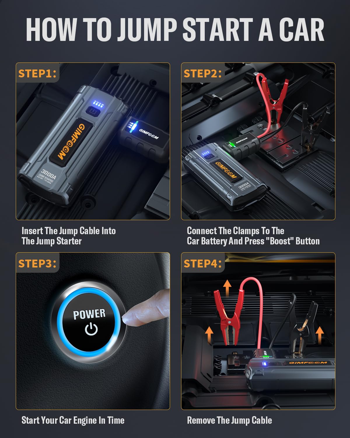 Car Jump Starter, 3000A Jump Starter Battery Pack For Up To 9.0L Gas Or 7.5L Diesel Engine, 12V Car Battery Jump Starter, Jump B