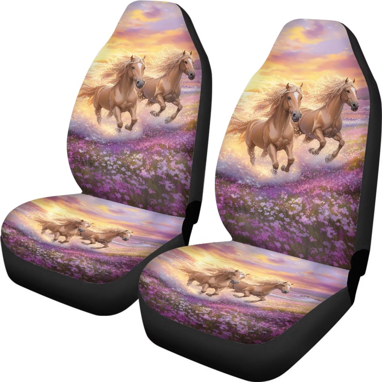 Talayituse Horse Sunset Flower Print Car Seat Covers Full Set of 2 Vehicle Protector Front Seats Covers Stretchy Washable Car Ac