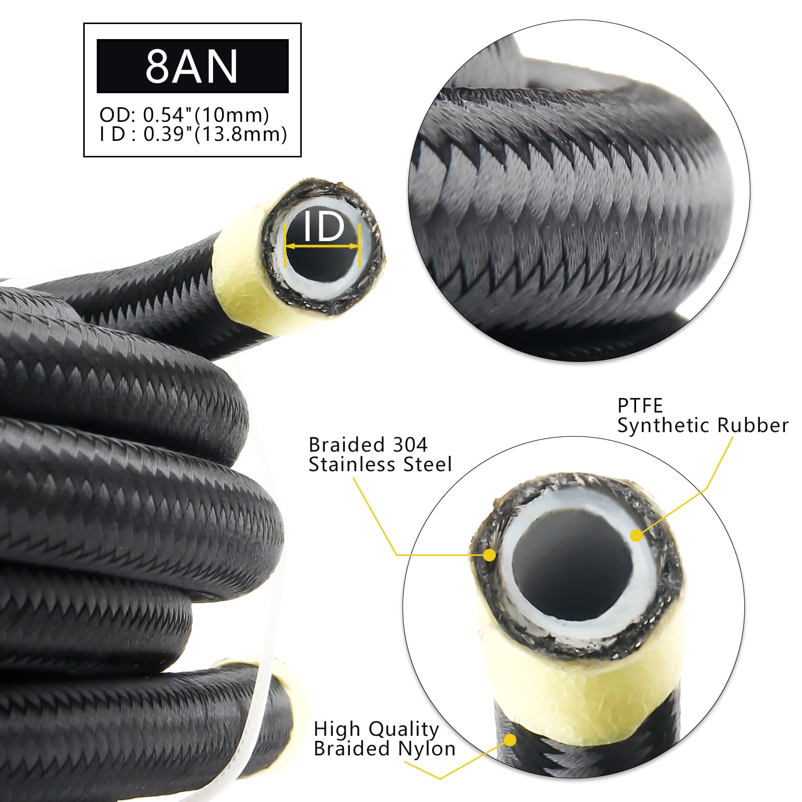 Medoon 8AN PTFE Fuel Line Kit, 13/32'' Nylon Stainless Steel Braided, LS Swap EFI E85 Injection Fuel Hose Fitting AN8 26FT