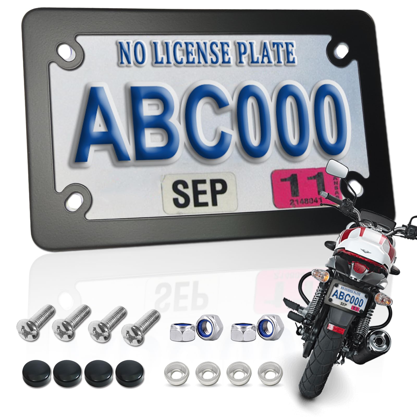 Fbjtdq Motorcycle License Plate Frame- Black Matte Stainless Steel Bike Tag Plate Holder, 4 Holes Heavy-Duty Metal Bracket 1 Pack, With Mounting Hardware Screws Nuts Caps
