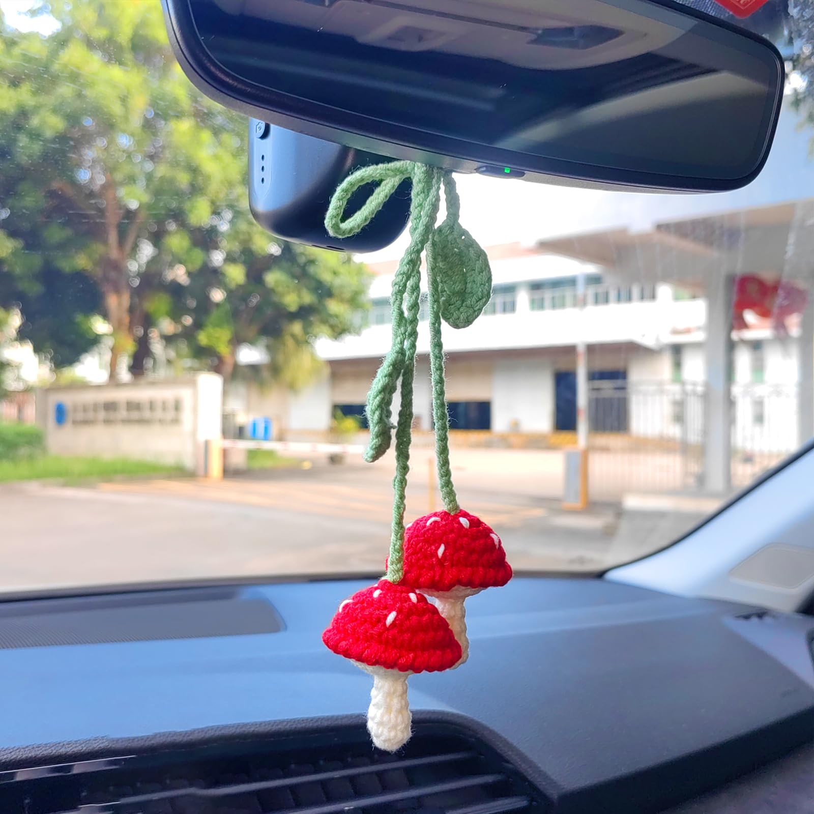 Simulated Plants Crochet Rear View Mirror Accessories, Swinging Mushroom Car Hanging Ornament, Car Mirror Hanging Accessories, C