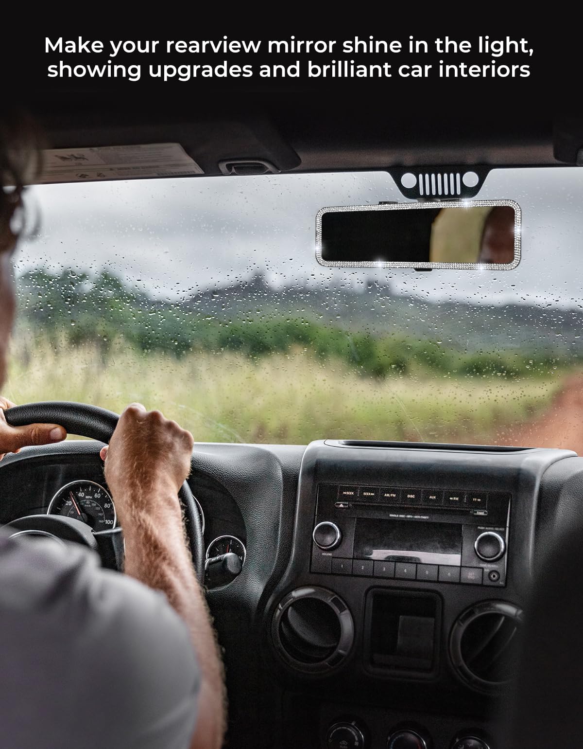 Joytutus Bling Car Rear View Mirror, Universal 11.81 Inch Panoramic Rearview Mirror Accessories With Bling Rhinestones Crystal D