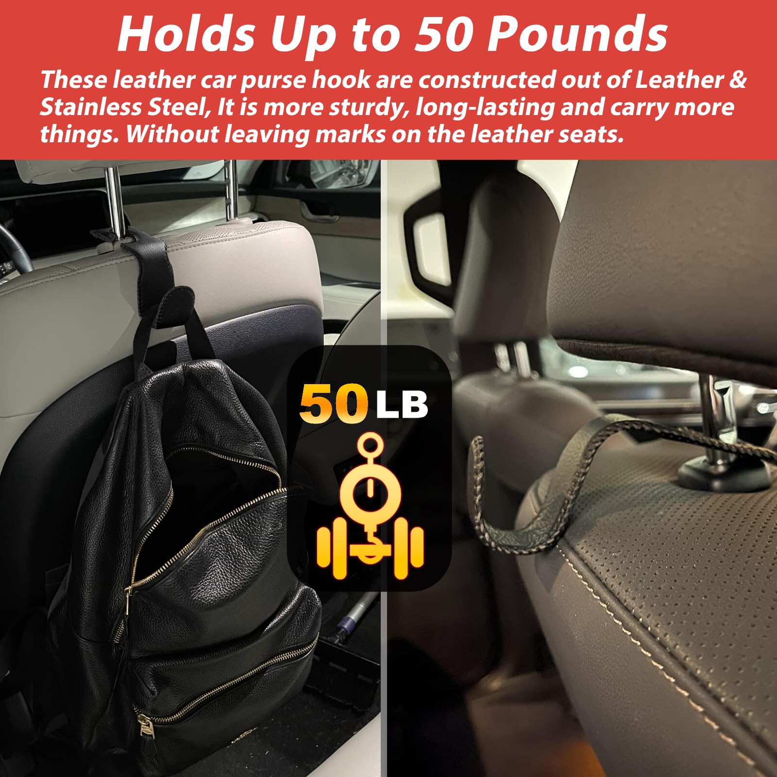 Etre Jeune Purse Hook For Car, Car Purse Holder Headrest Hook Vehicle Leather Storage Hook For Hanging Purses And Bags, 2 Pack Black