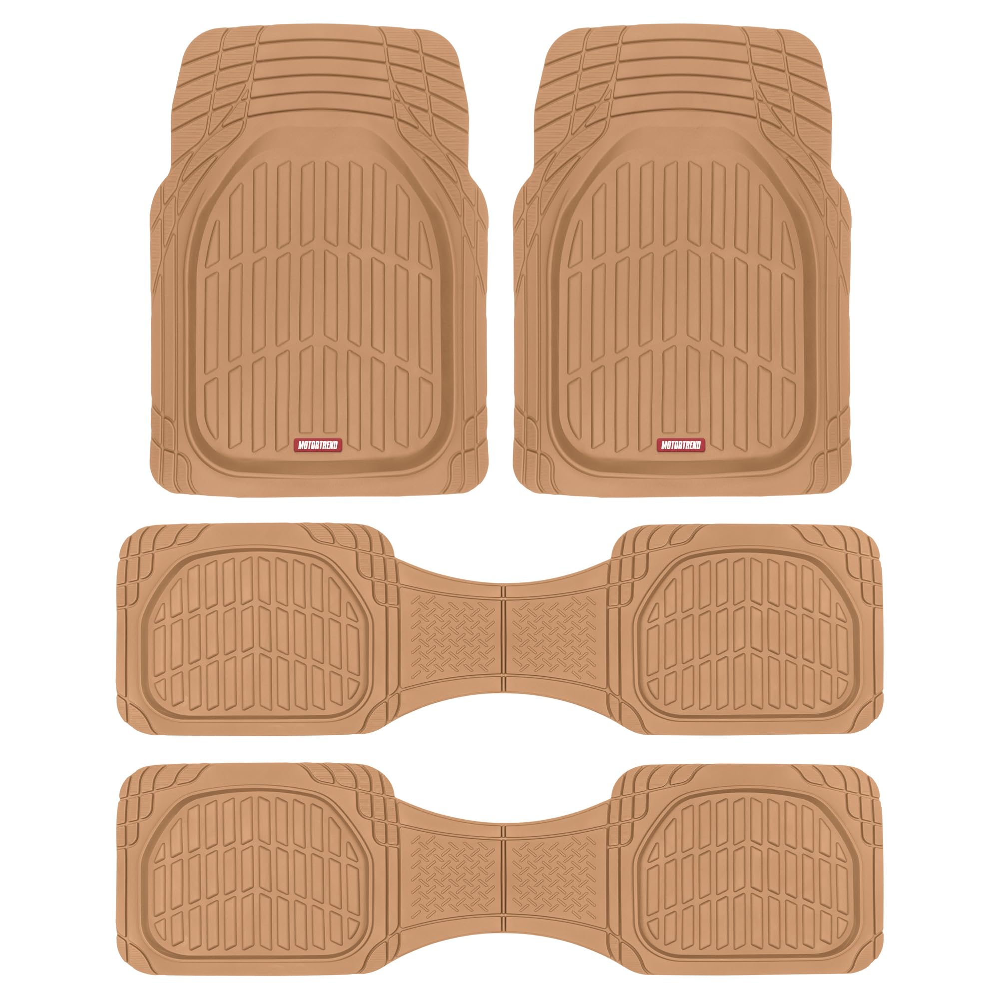 Motor Trend Original FlexTough Beige Rubber Car Floor Mats for 3 Row Vehicles, Front & Rear 2nd Row Deep Dish All Weather Automo