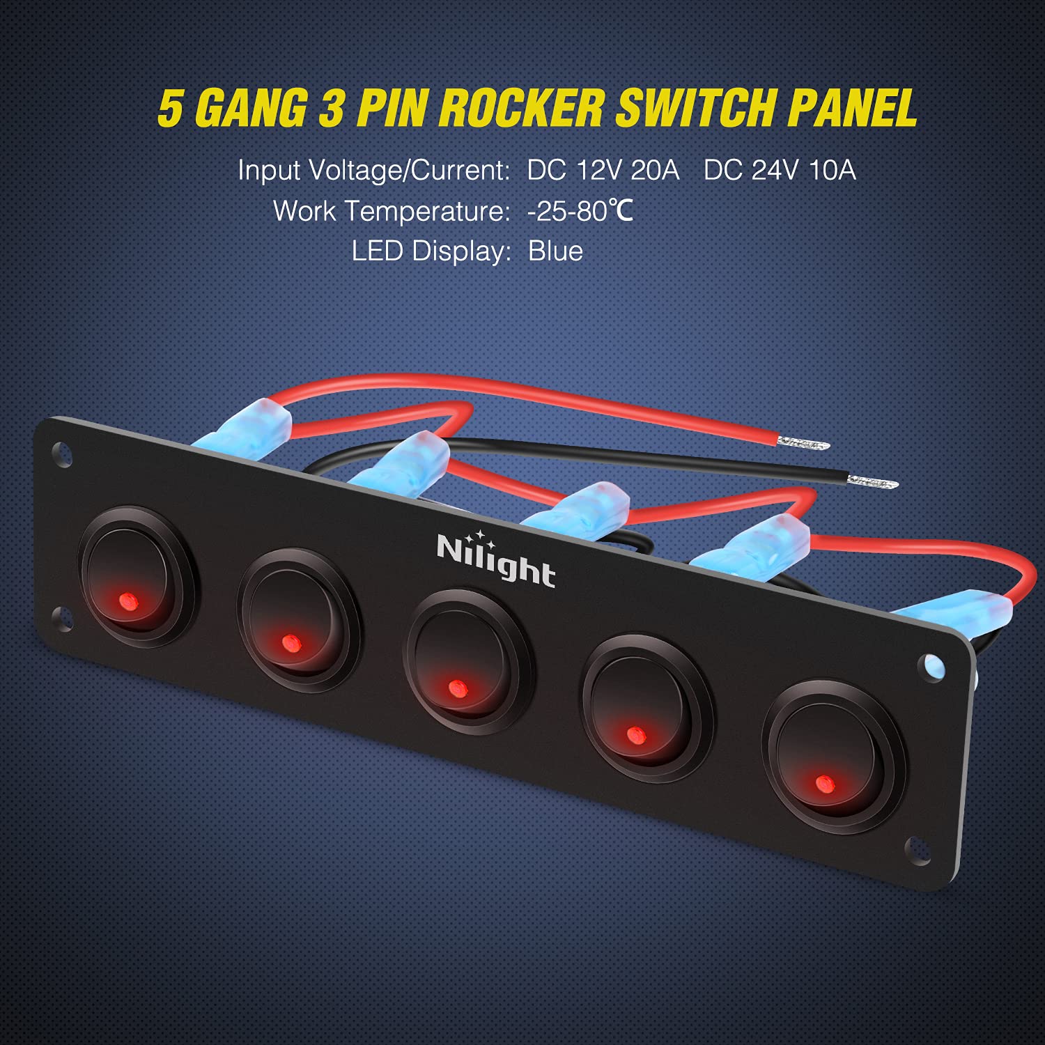 Nilight 5 Gang 3 Pin Rocker Switch Panel Waterproof On Off 12V Red Toggle For Cars Trucks Boats