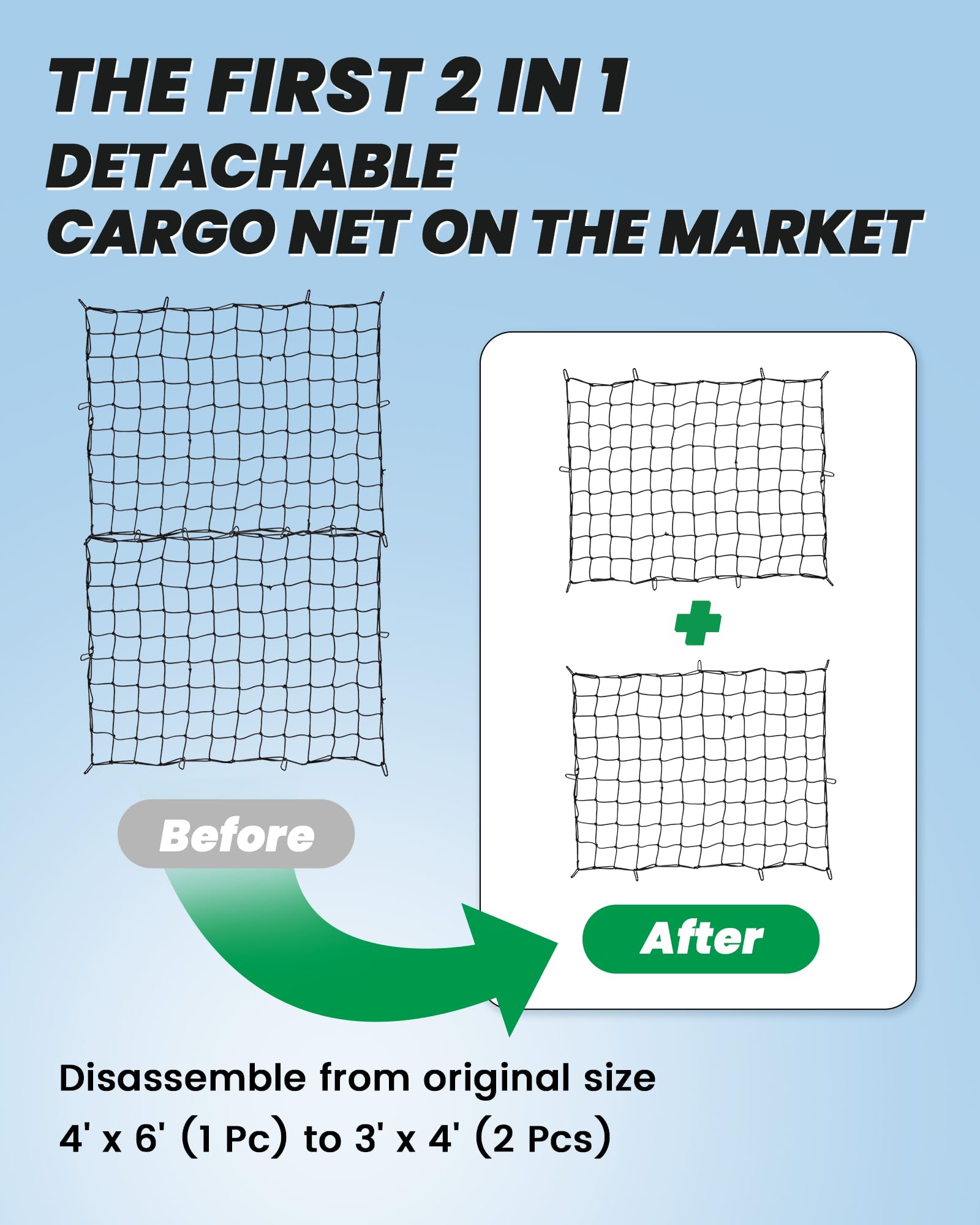 The First Flat Motorcycle Cargo Net, 15''x15'' Bungee Net with 2''x2'' Small Mesh and S Metal Hooks, Easy to Stretches to 32''x3