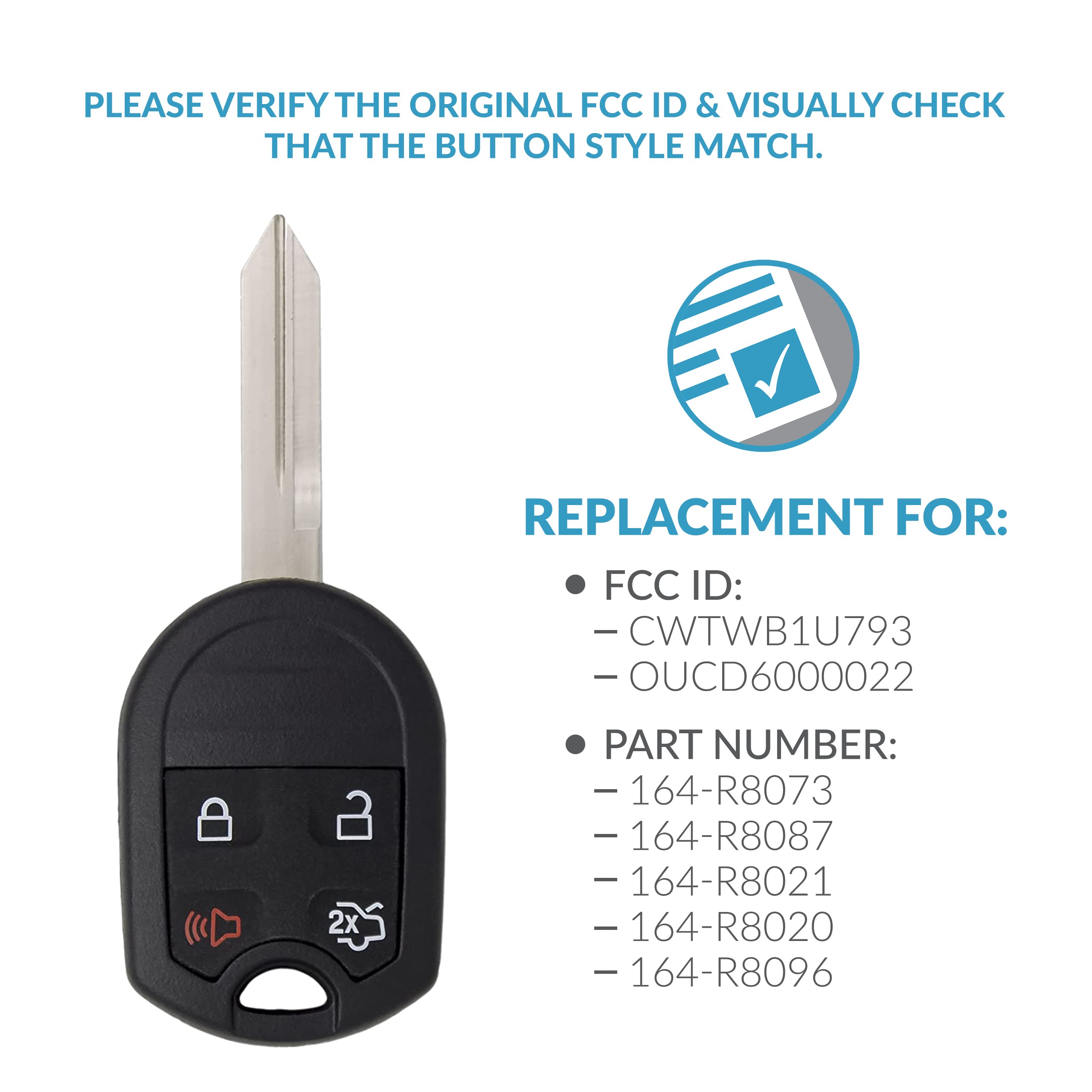 Keyless2Go Replacement for New Uncut Keyless Remote Head Key Fob Select Escape Explorer Focus Fusion That use OUCD6000022164-R80