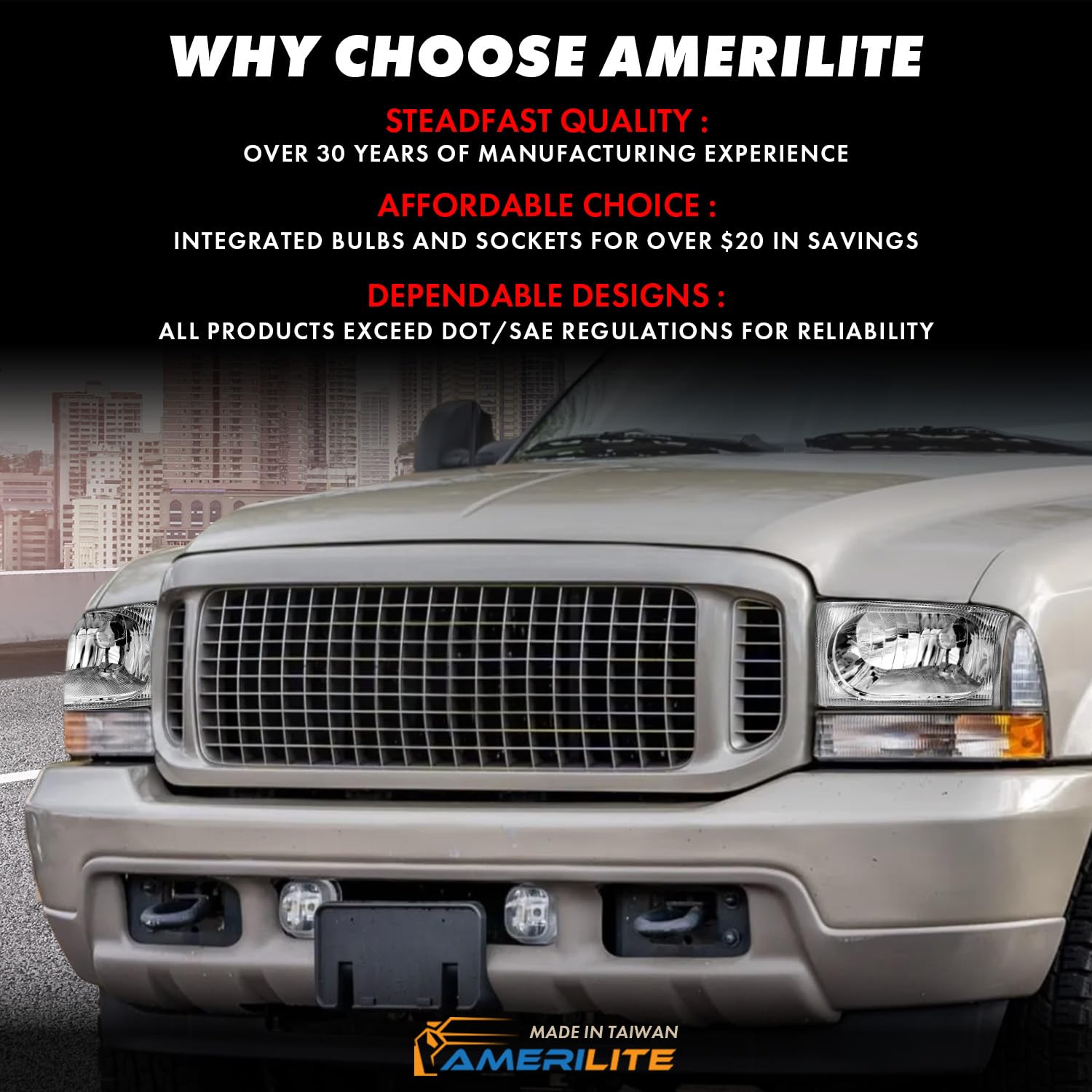 Amerilite For 1999-2004 Ford Super Duty F-250/F-350/F-450/F-550 | Excursion Chrome Headlights Beams Pair - Passenger And Driver