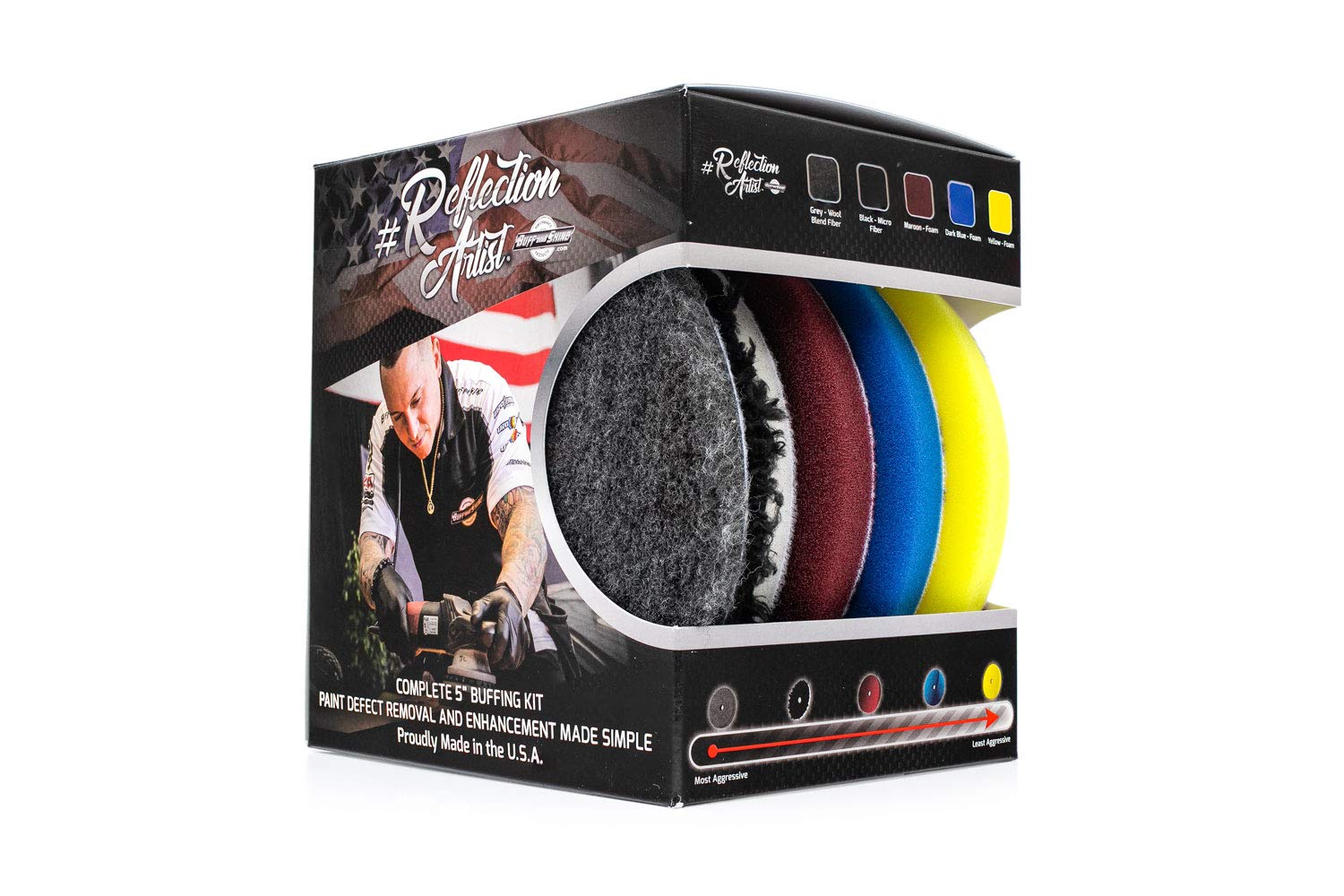 The Rag Company - Buff and Shine Reflection Artist Complete 5 Buffing Kit - Combination of Five Pads, URO line, Easy to Use Comb