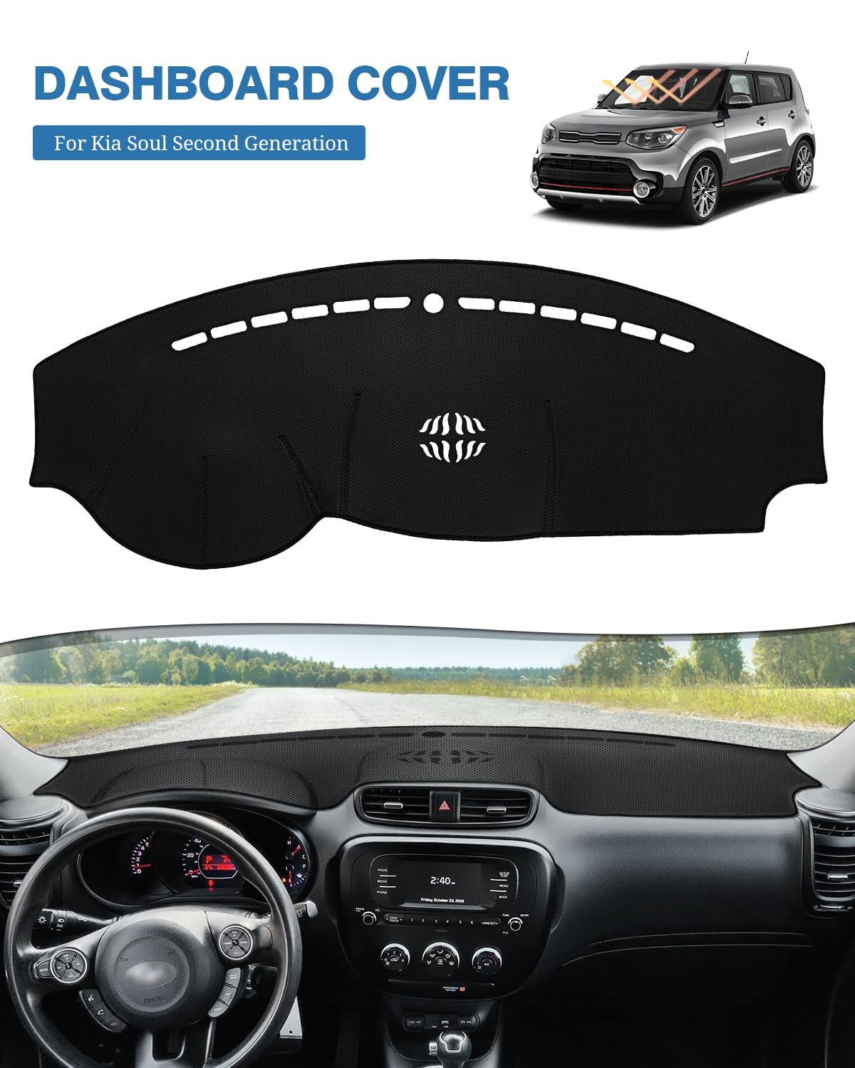 Fiilines Custom Fit For Dash Cover 2014-2019 Kia Soul Dashboard Mat Cover Sunshade Nonslip Mesh Protector No Glare