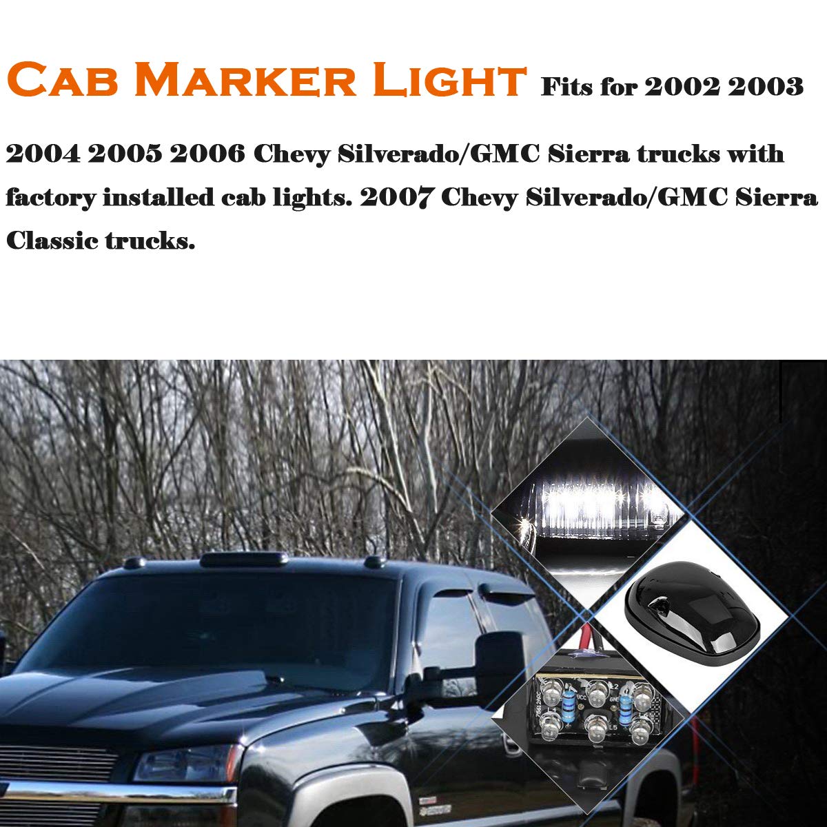 NPAUTO 3pcs Smoked Cab Marker Lights White 30 LED Roof Top Running Lights w/Wiring Pack Replacement for 2002-2007 Chevy Silverad