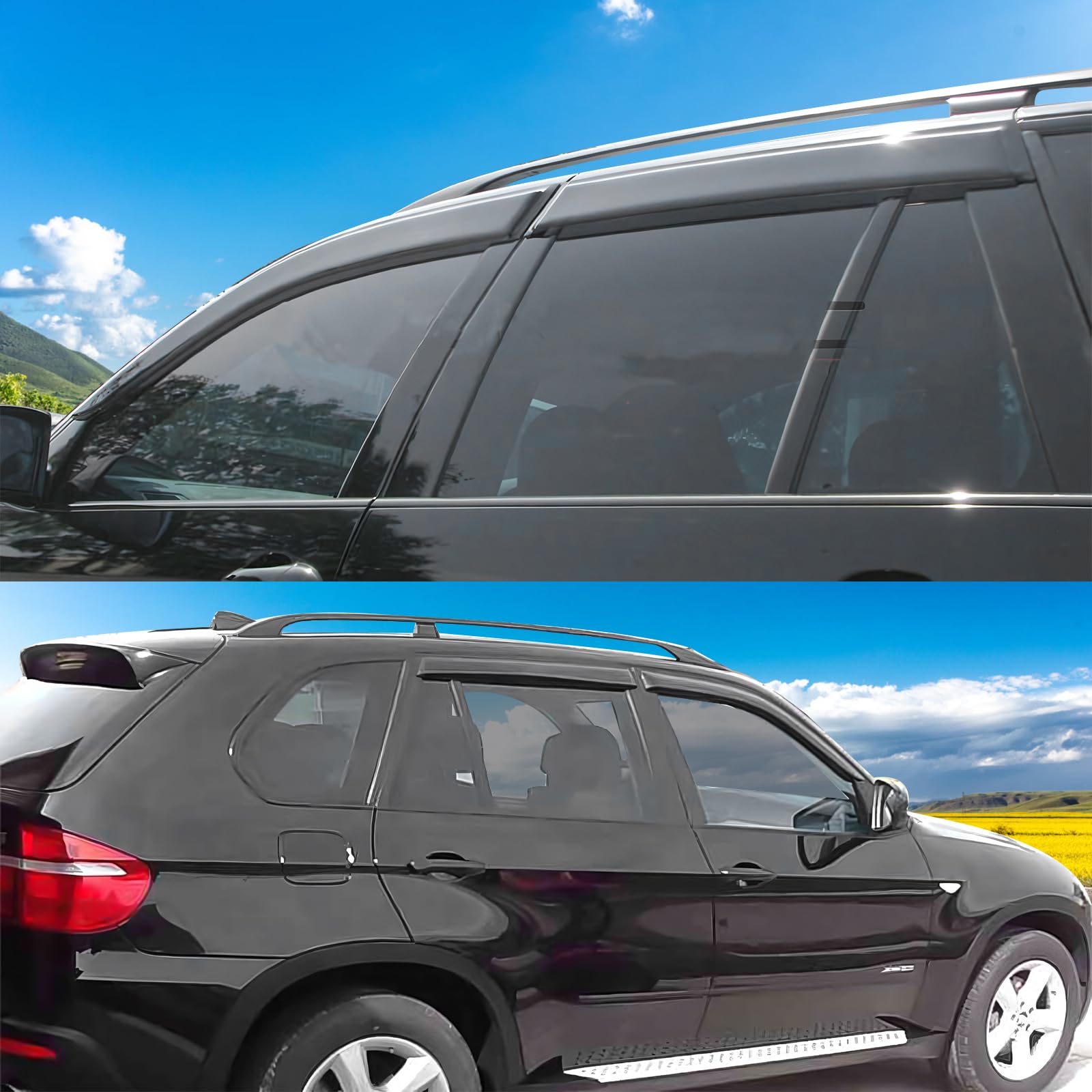 Ikon Motorsports Tape On External Window Visor, Compatible With 2000-2006 Bmw X5, Slim Style Acrylic Black Sun Rain Guards Cover