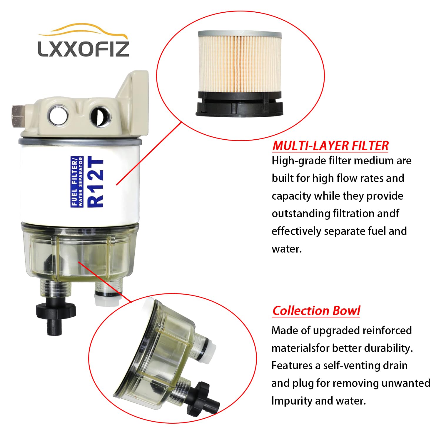 Marine Fuel Filter Water Separator Complete Kit for Outboard-R12T with NPT ZG1/4-19 Replaces Racor S3240 120AT R12T