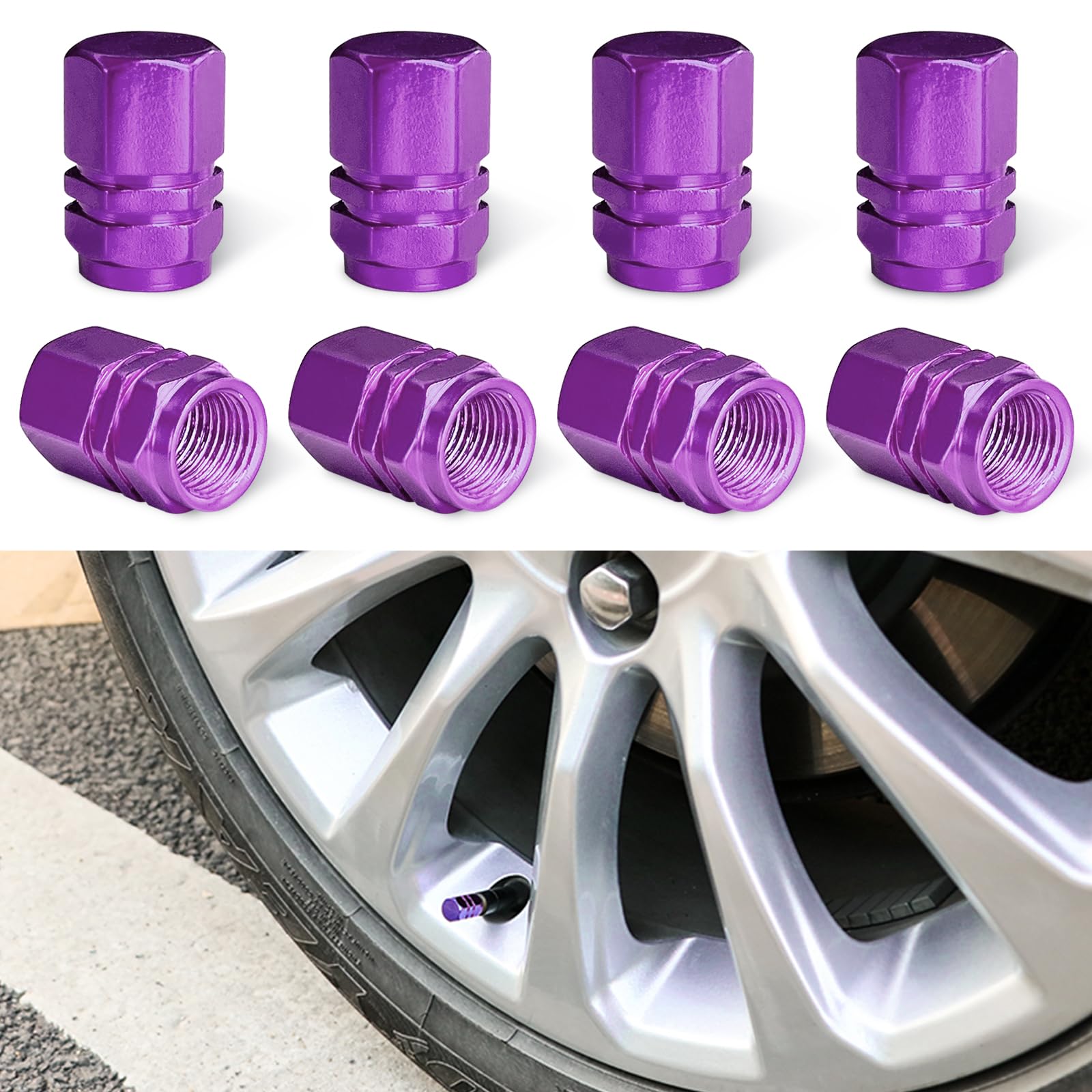 Ziciner 8 Pcs Car Tire Valve Stem Caps, Aluminum Alloy Wheel Valve Covers With Rubber O-Ring, Corrosion Resistant Leak-Proof Tir