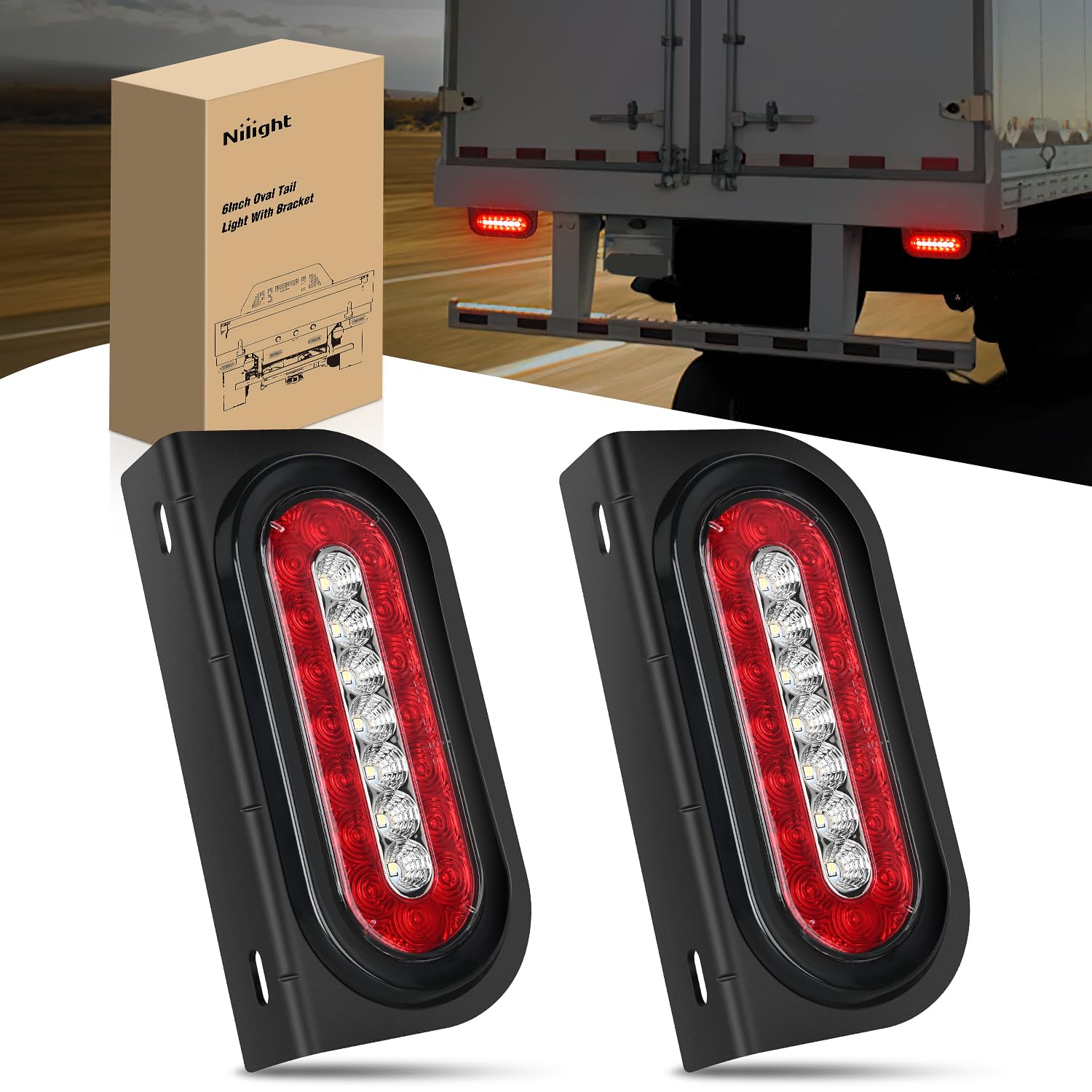 Nilight 6Inch Oval Trailer Tail Light 2Pcs Red Brake Stop Turn White Reverse Back Up Lights With Flush Mount Grommets Plugs Moun