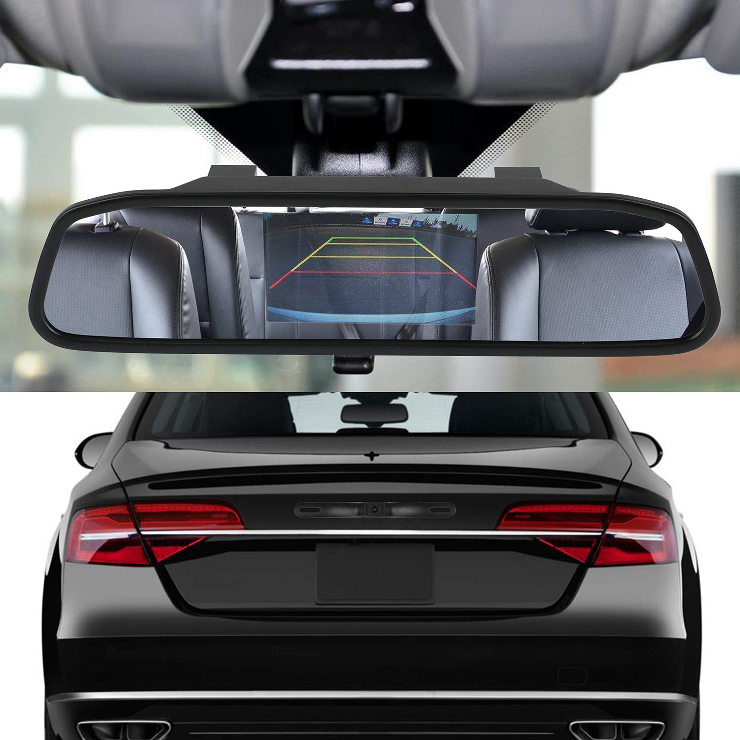 Peojek Backup Camera And Monitor Kit, 4.3'' Car Vehicle Rearview Mirror Monitor For Car Reverse Camera Waterproof Car Rear View